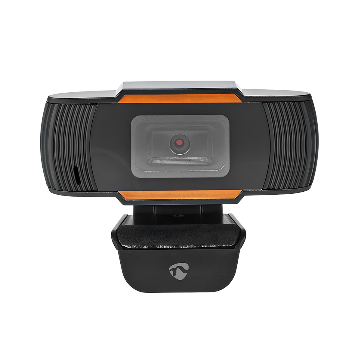 Eine schwarze Computer-Webcam mit orangen Akzentlinien und einem Standfuß vor weißem Hintergrund.