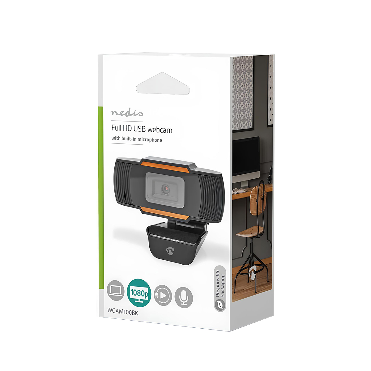 Produktverpackung einer Nedis Full HD USB-Webcam mit eingebautem Mikrofon auf weißem Hintergrund.