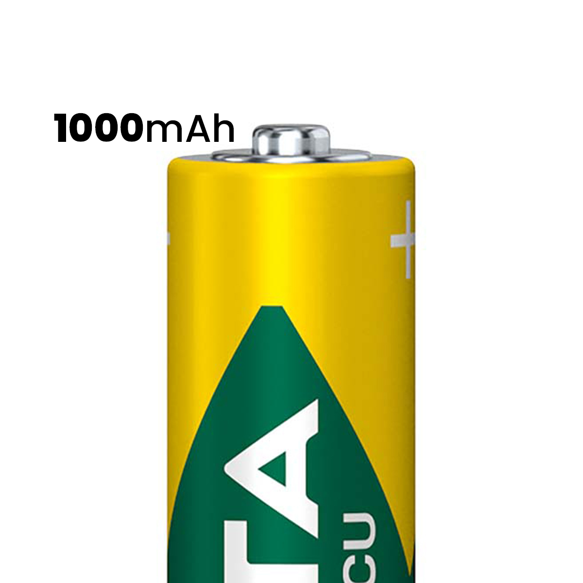 Batería amarilla con triángulo verde y texto 1000mAh sobre fondo blanco.