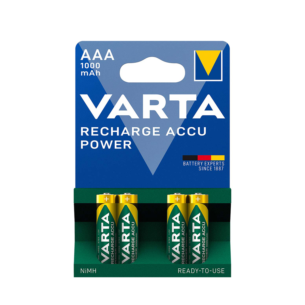 Un blíster con cuatro pilas recargables Varta AAA sobre fondo de cartón verde y azul.