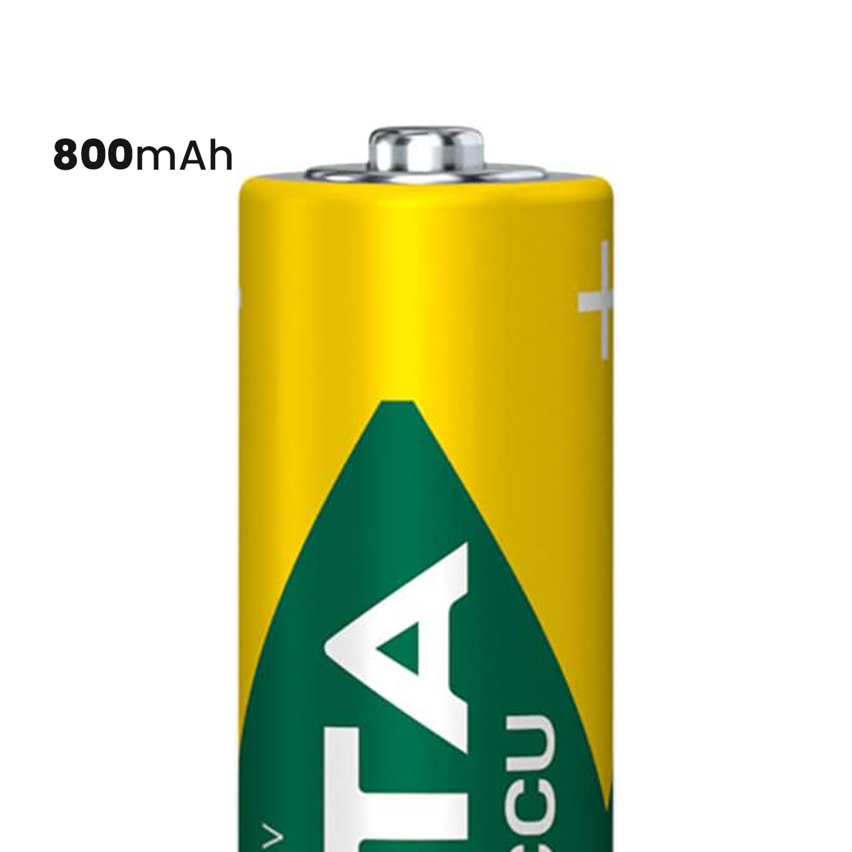 Batteria AAA gialla da 800 mAh con logo verde su sfondo bianco.