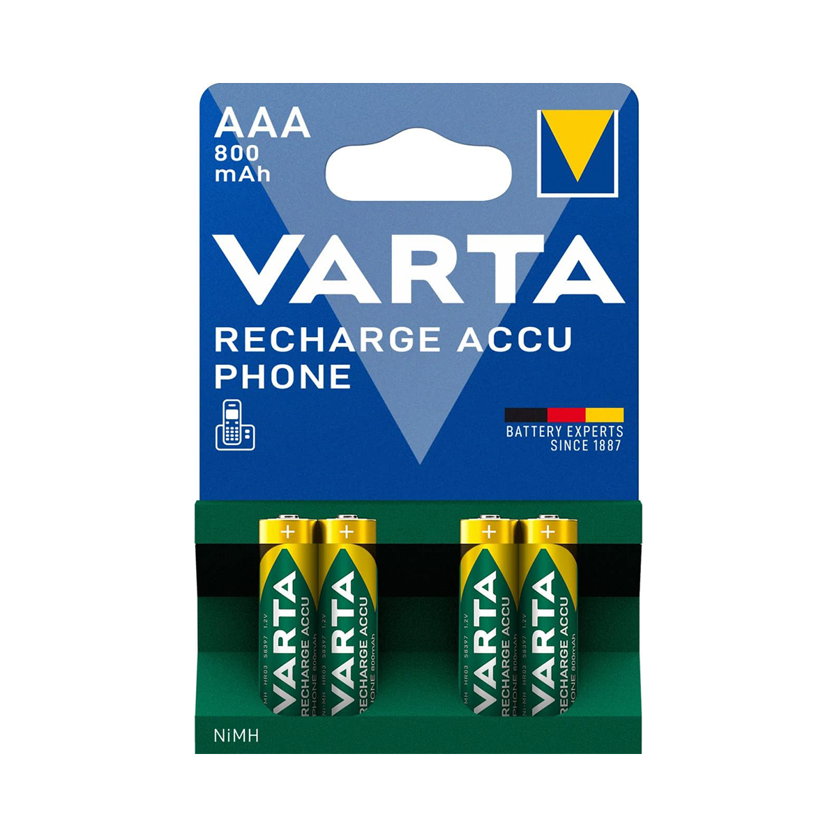 Quattro batterie ricaricabili VARTA AAA in confezione blu e verde con la scritta Recharge Accu Phone.