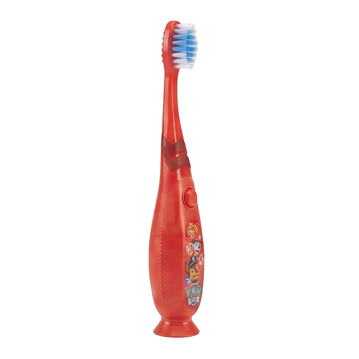 Uno spazzolino elettrico rosso per bambini con personaggi di Paw Patrol e setole blu e bianche.