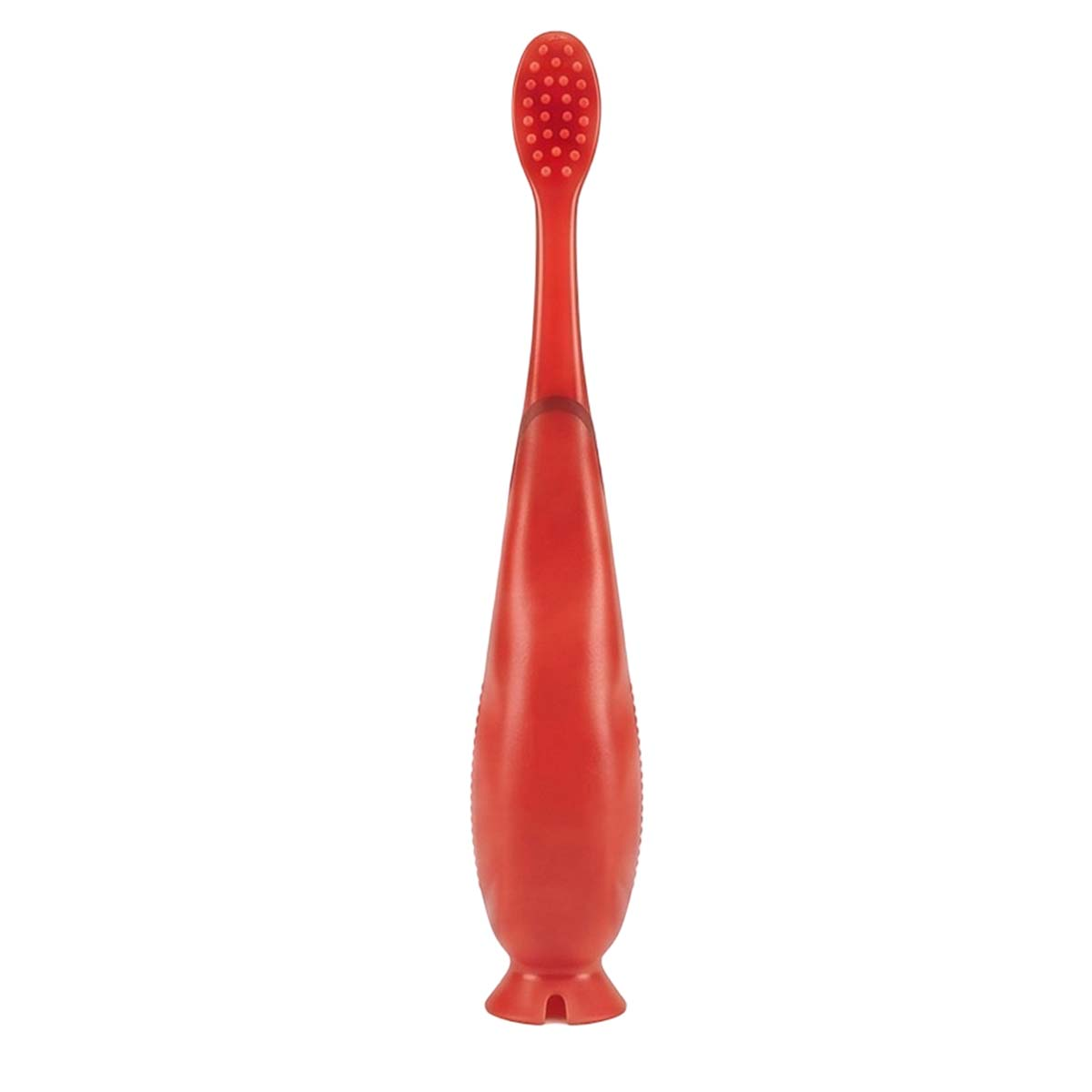Uno spazzolino da denti rosso in silicone per neonati con base a ventosa su sfondo bianco.