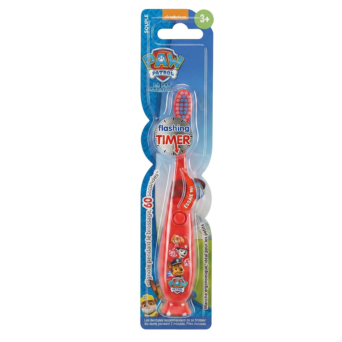 Spazzolino rosso per bambini Paw Patrol con timer lampeggiante su sfondo blu.