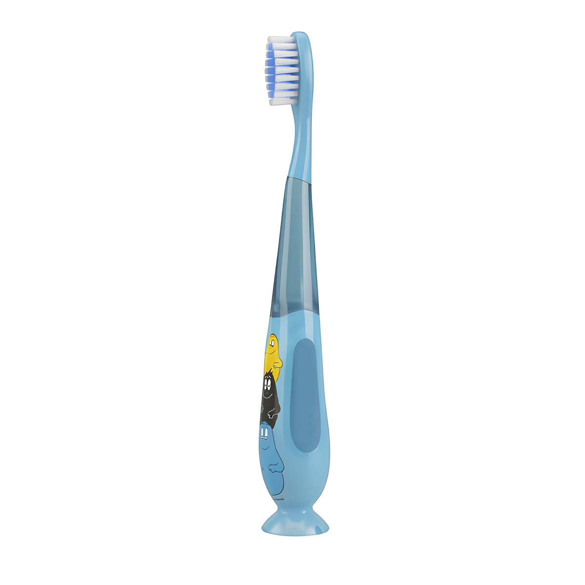 Uno spazzolino da denti blu per bambini con setole bianche e base a ventosa su sfondo bianco.