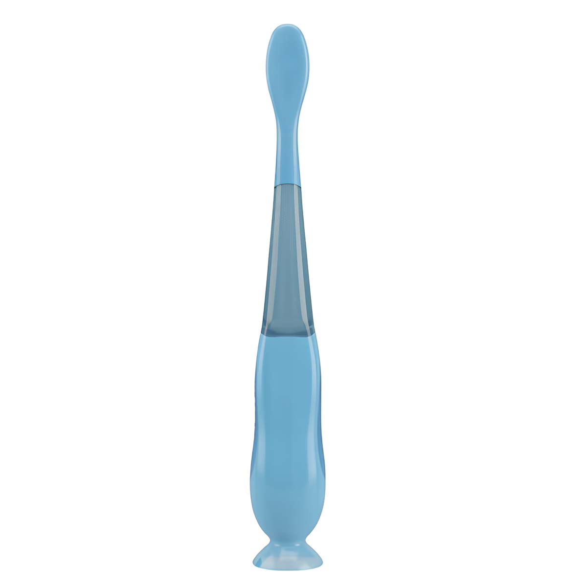 Uno spazzolino da denti azzurro per neonati con base a ventosa su sfondo bianco.