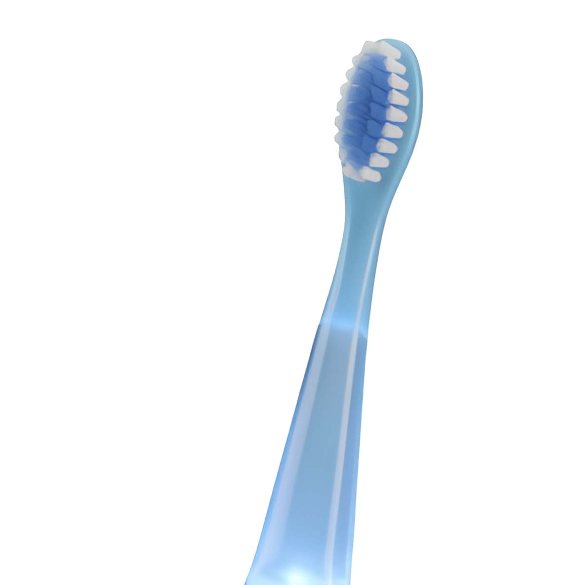 Uno spazzolino blu con setole bianche su sfondo bianco.