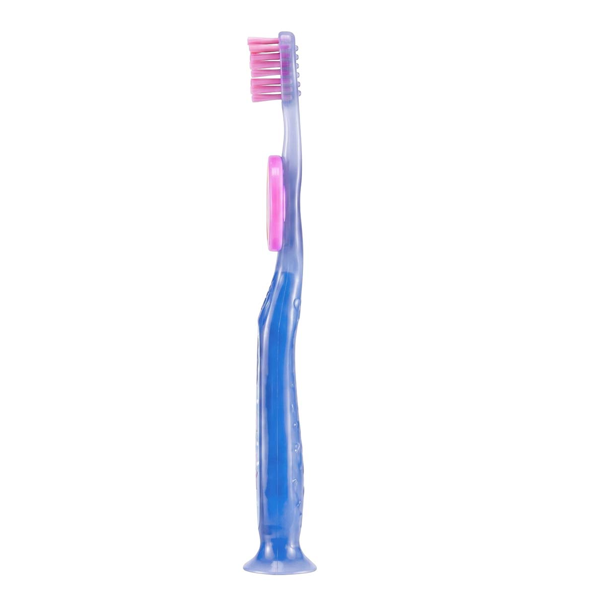 Uno spazzolino blu con setole rosa e base a ventosa è posizionato verticalmente su sfondo bianco.