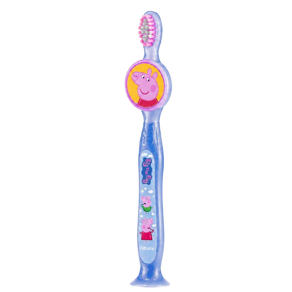 Spazzolino da denti blu per bambini di Peppa Pig con base a ventosa e setole rosa su sfondo bianco.