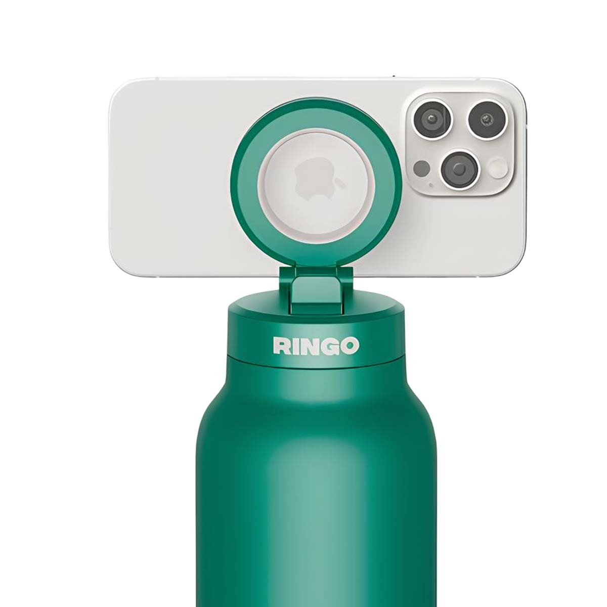 Una botella de agua Ringo verde con un soporte para teléfono inteligente en la tapa que sostiene un iPhone blanco.
