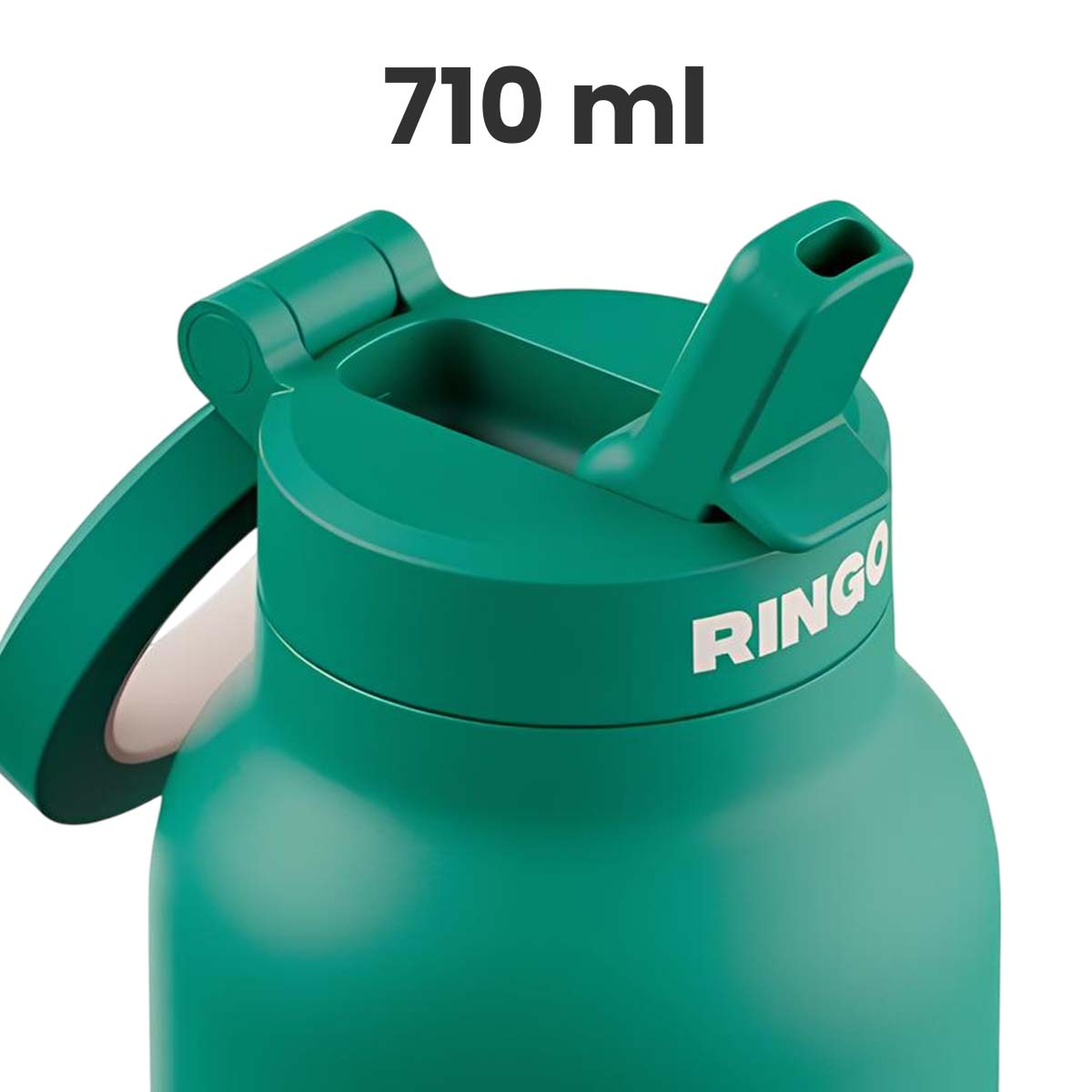 Una botella de agua verde de 710 ml con tapa de pajita abierta y la palabra Ringo.