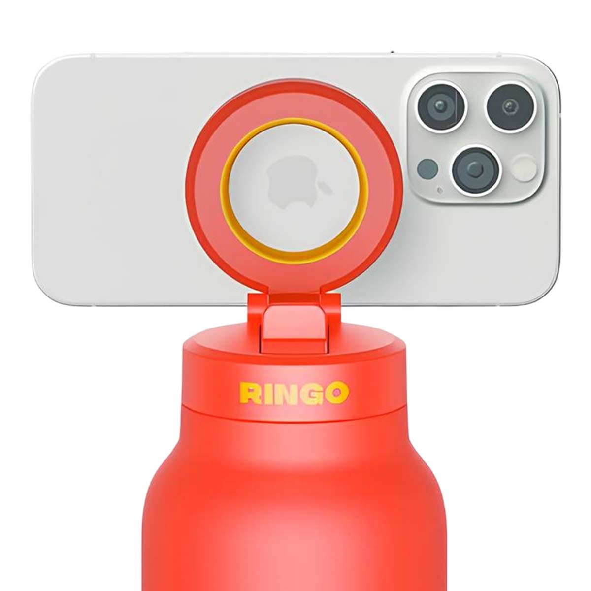 Una botella de agua Ringo roja con un soporte para teléfono en la tapa, que sostiene un iPhone blanco.