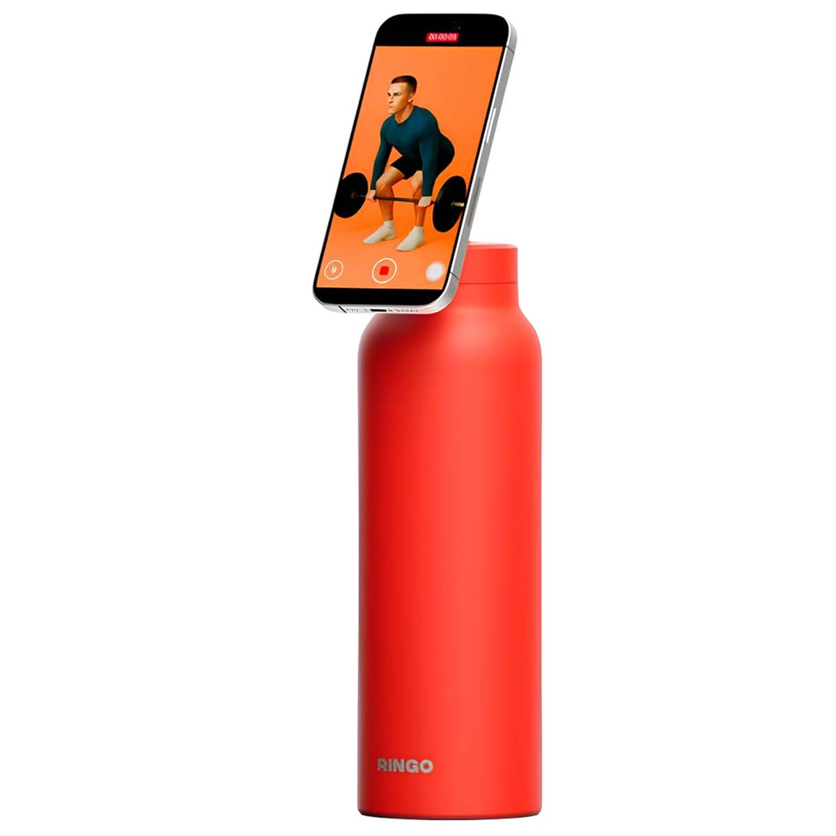 Una botella de agua roja Ringo sirve de soporte para un smartphone que muestra a un hombre levantando pesas.