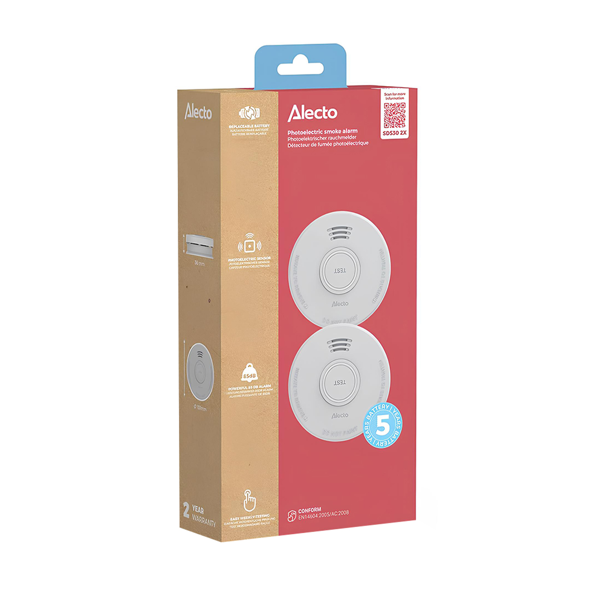 Alecto Photoelectric Rauchmelder 2er-Pack Box, rot und braun.