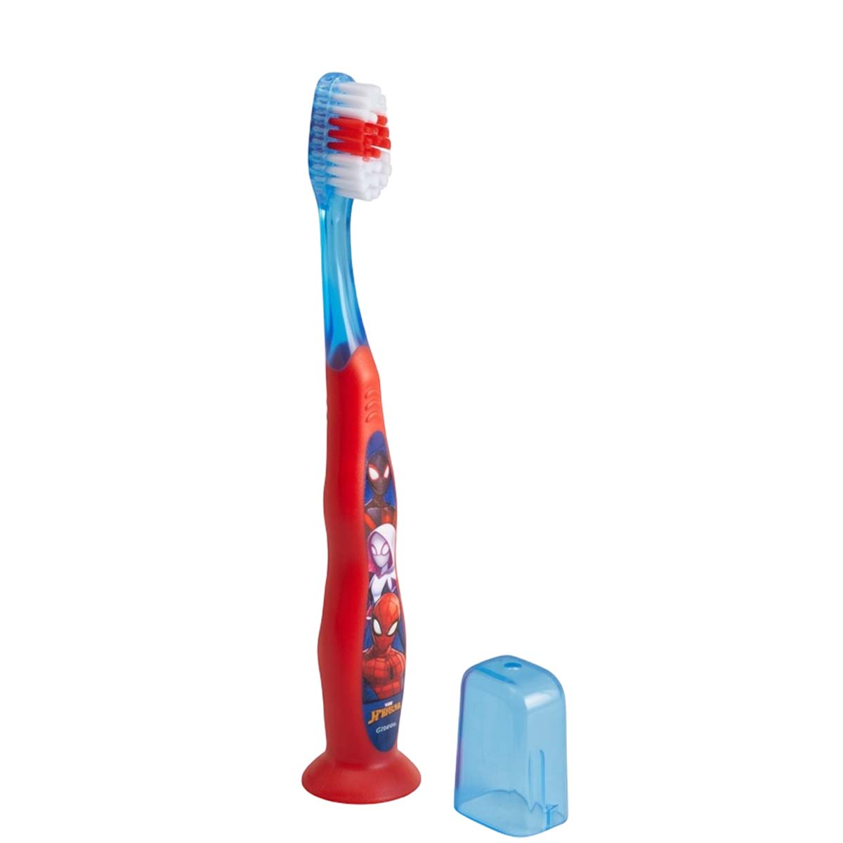 Eine blau-rote Kinderzahnbürste mit Superheldenmotiven, blauen Borsten und abnehmbarer Schutzkappe auf weißem Grund.