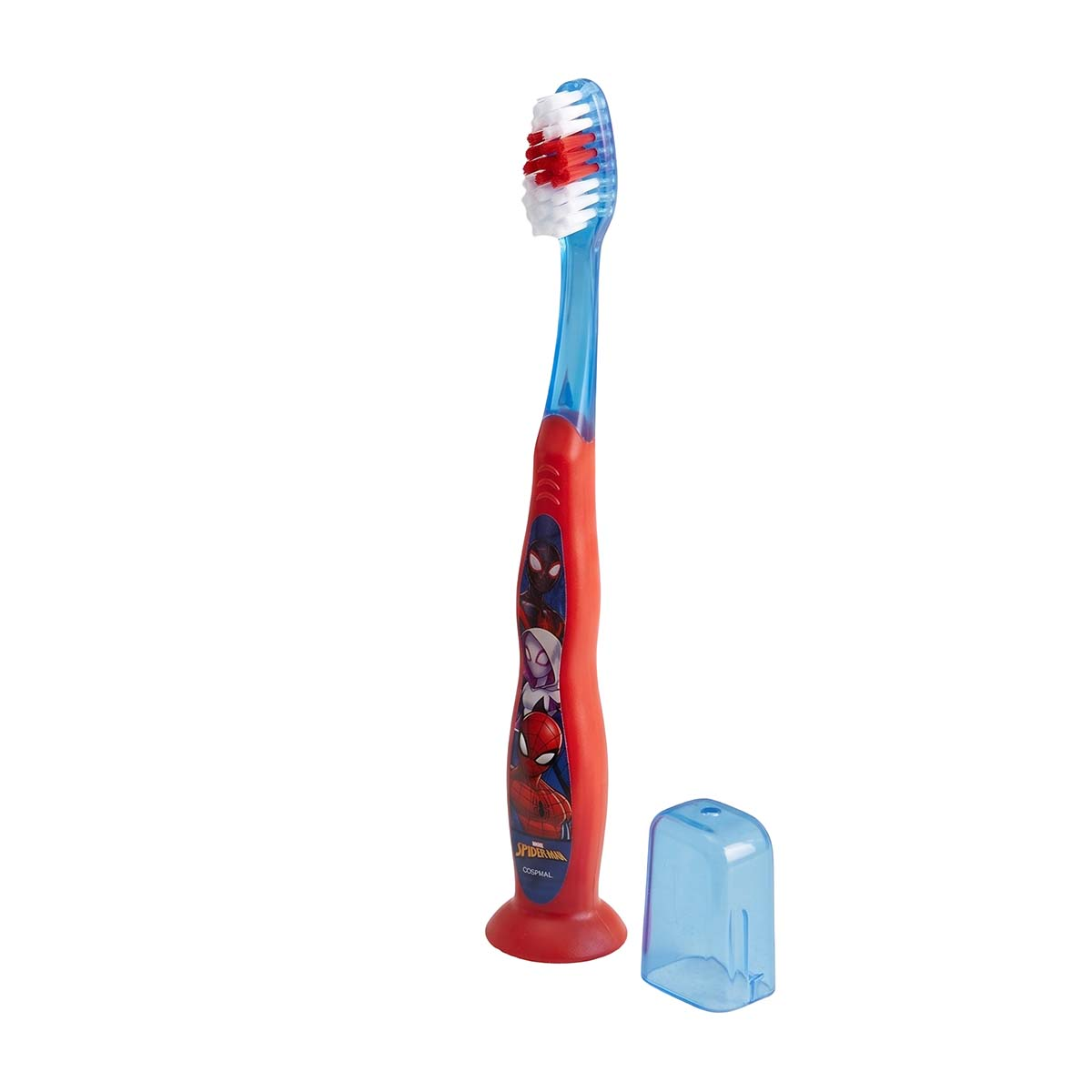 Eine blau-rote Spider-Man-Kinderzahnbürste mit weißen und roten Borsten und einer blauen Schutzkappe.