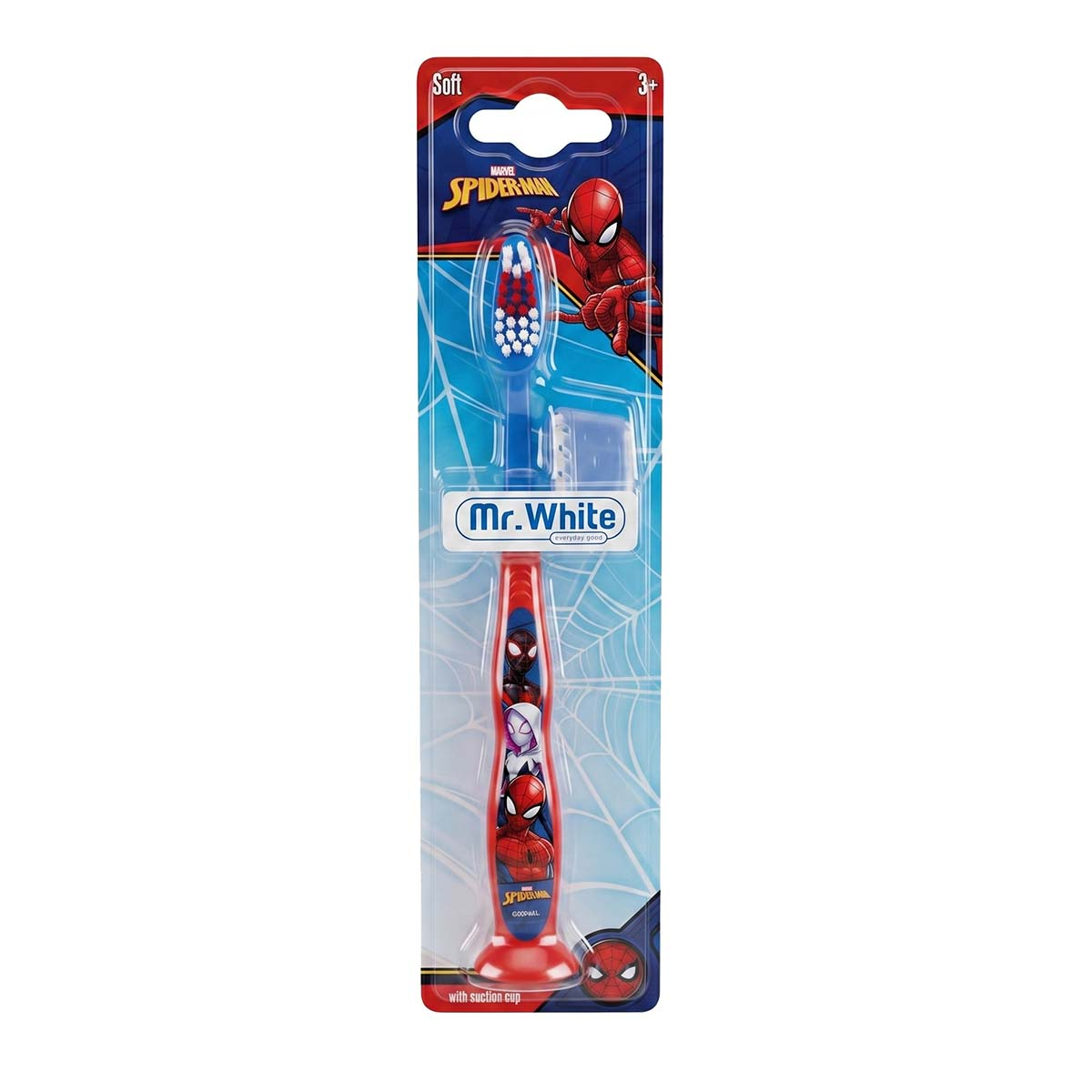 Eine verpackte Spider-Man Kinderzahnbürste mit Saugnapffuß, blauen Borsten und Charaktergrafiken.
