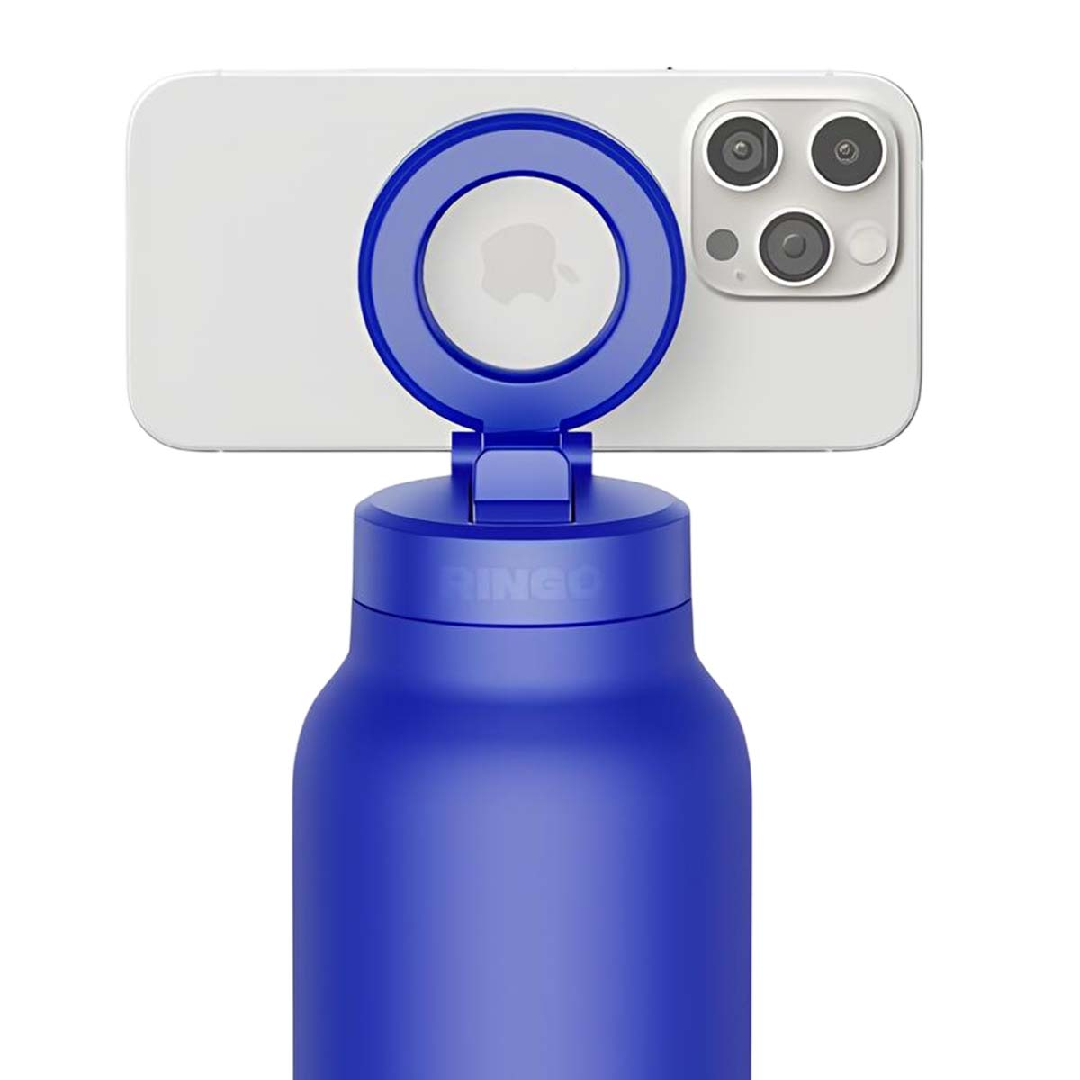 Una botella de agua Ringo azul con un soporte para teléfono en la tapa, sosteniendo un iPhone blanco.
