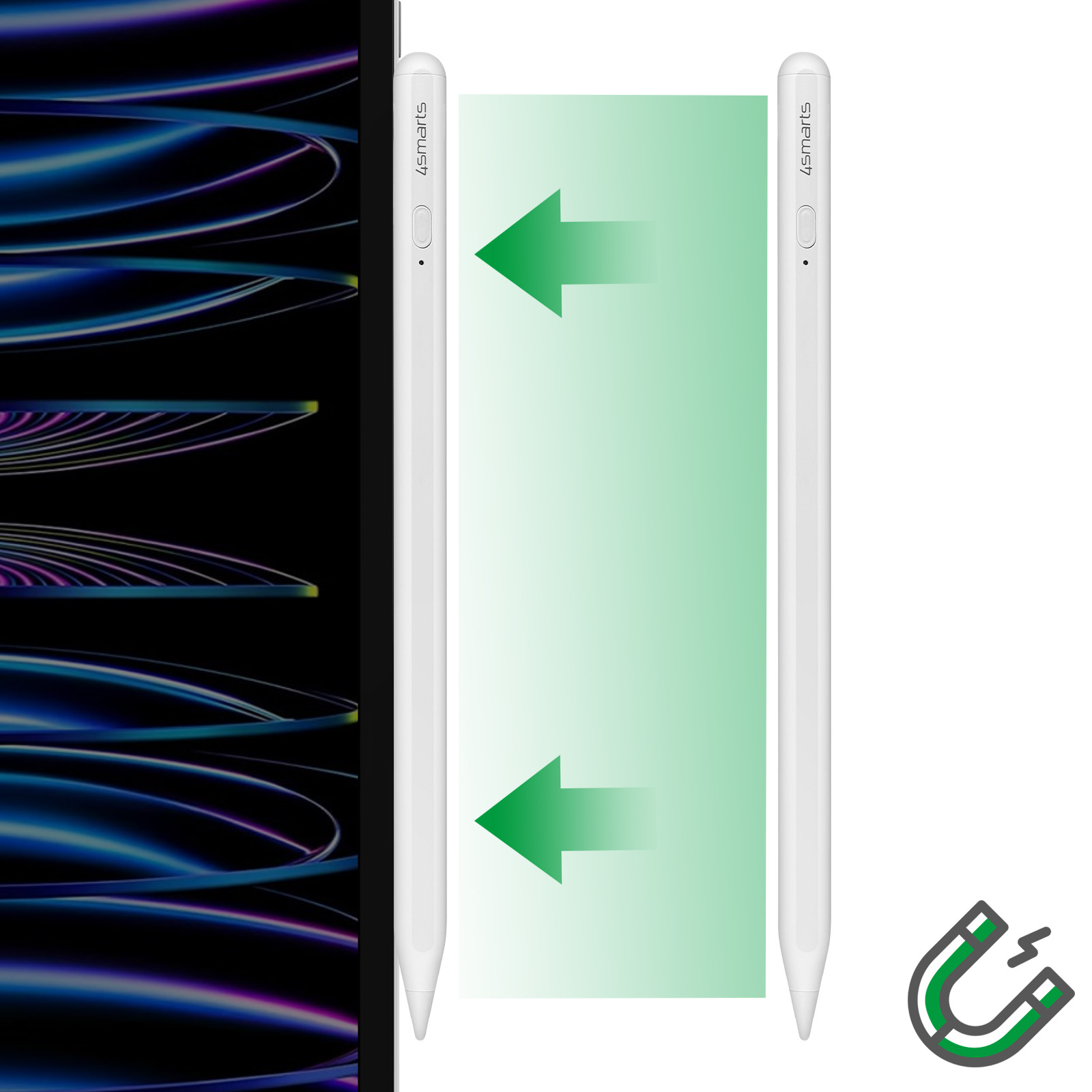 Ein weißer Eingabestift haftet magnetisch an einer Tablet-Kante; grüne Pfeile zeigen auf die magnetische Anziehungskraft.