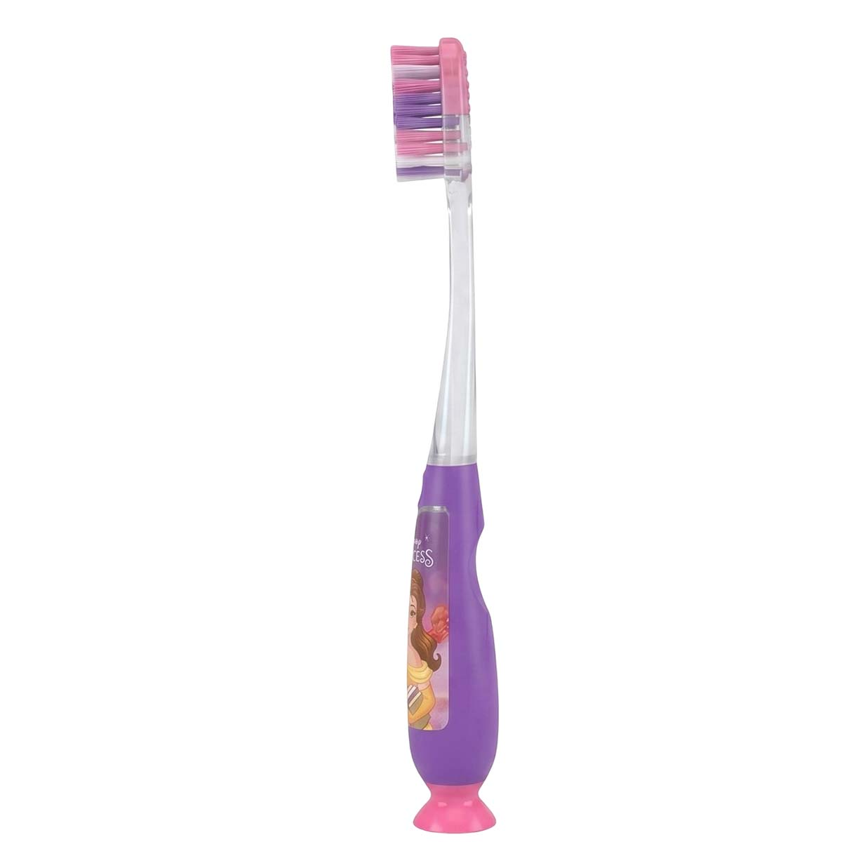 Uno spazzolino per bambini viola e trasparente con setole rosa e viola e un grafico di principesse.