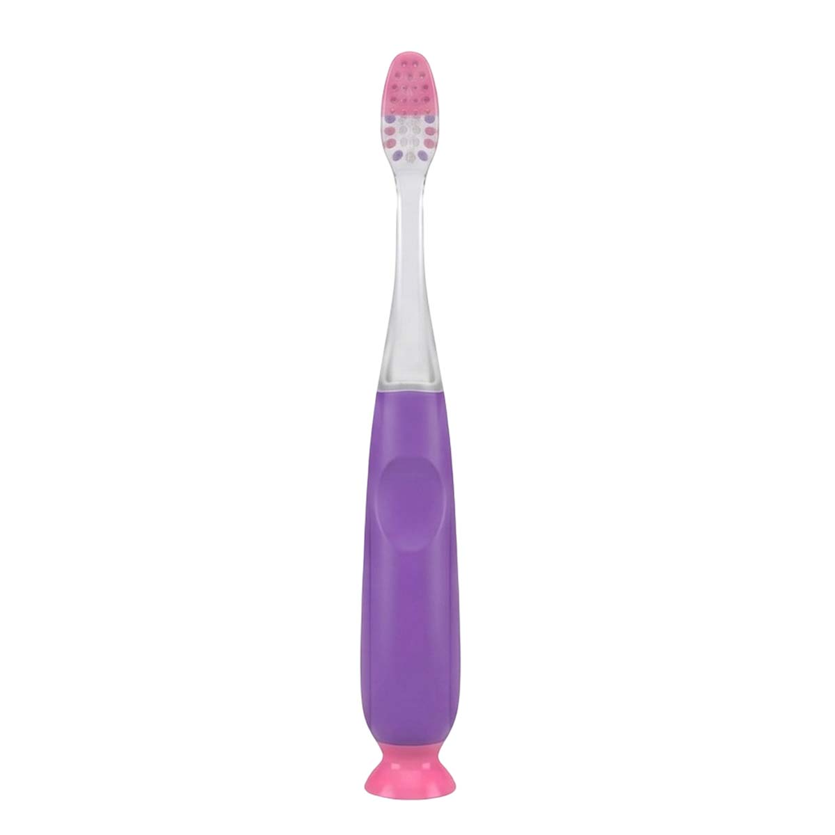 Uno spazzolino da denti per bambini viola e rosa con base a ventosa e collo trasparente.