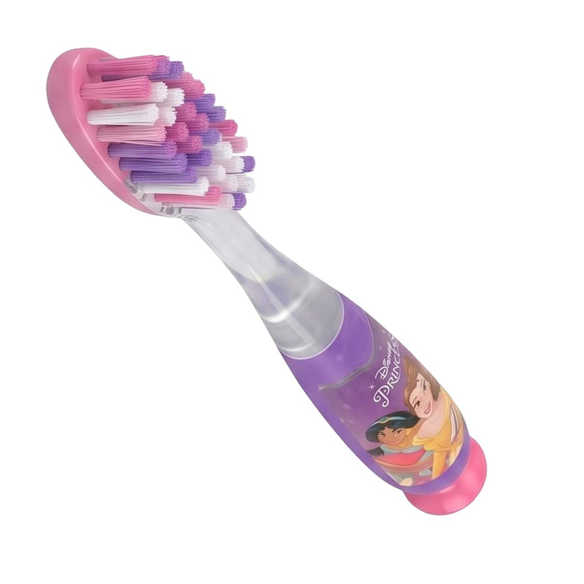 Uno spazzolino da denti per bambini rosa e viola con principesse Disney sul manico su sfondo bianco.