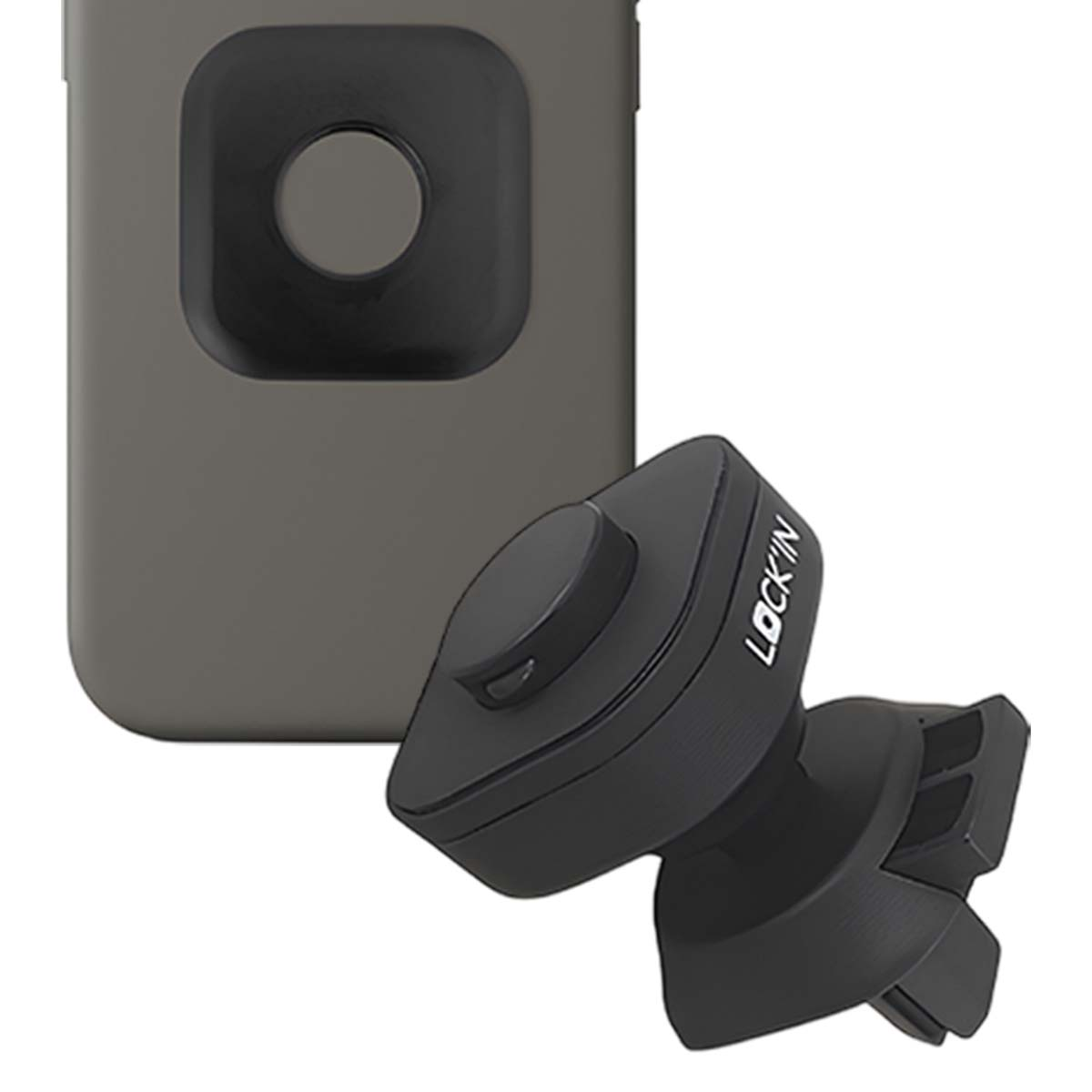 Una funda de móvil negra con soporte circular y soporte de rejilla con la inscripción Lock'in.