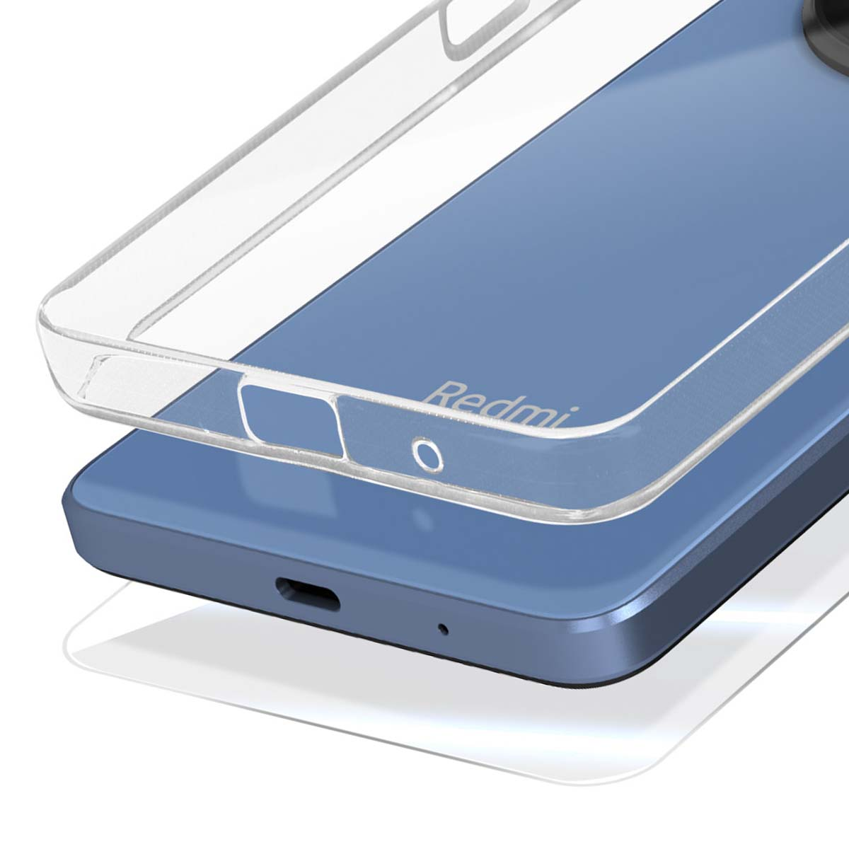 Uno smartphone Redmi blu con cover in silicone trasparente su sfondo bianco.