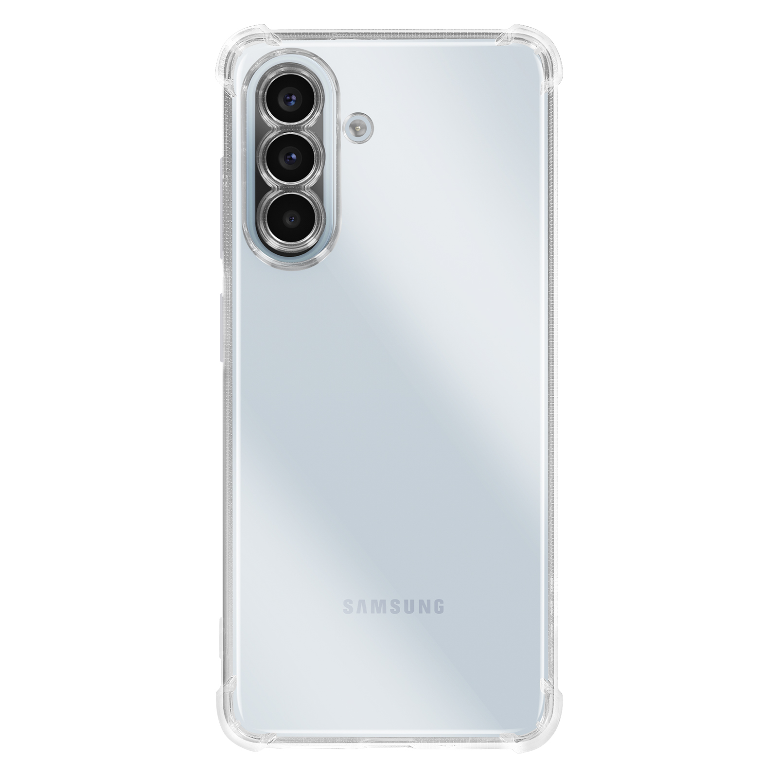 Retro di uno smartphone argento in una custodia protettiva trasparente con tre fotocamere verticali.