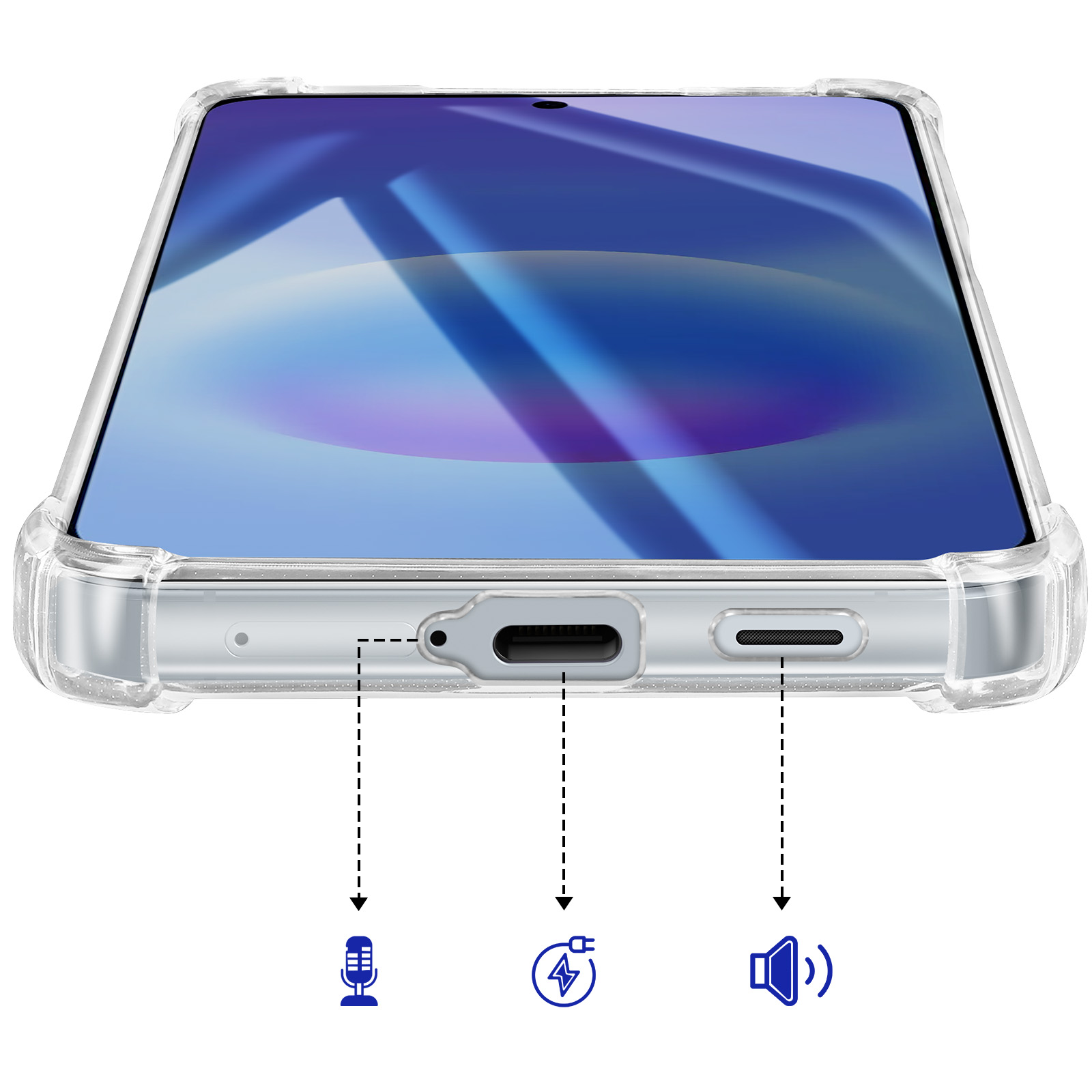 Vista inferiore di uno smartphone in custodia trasparente con icone per microfono, porta USB-C e altoparlante.