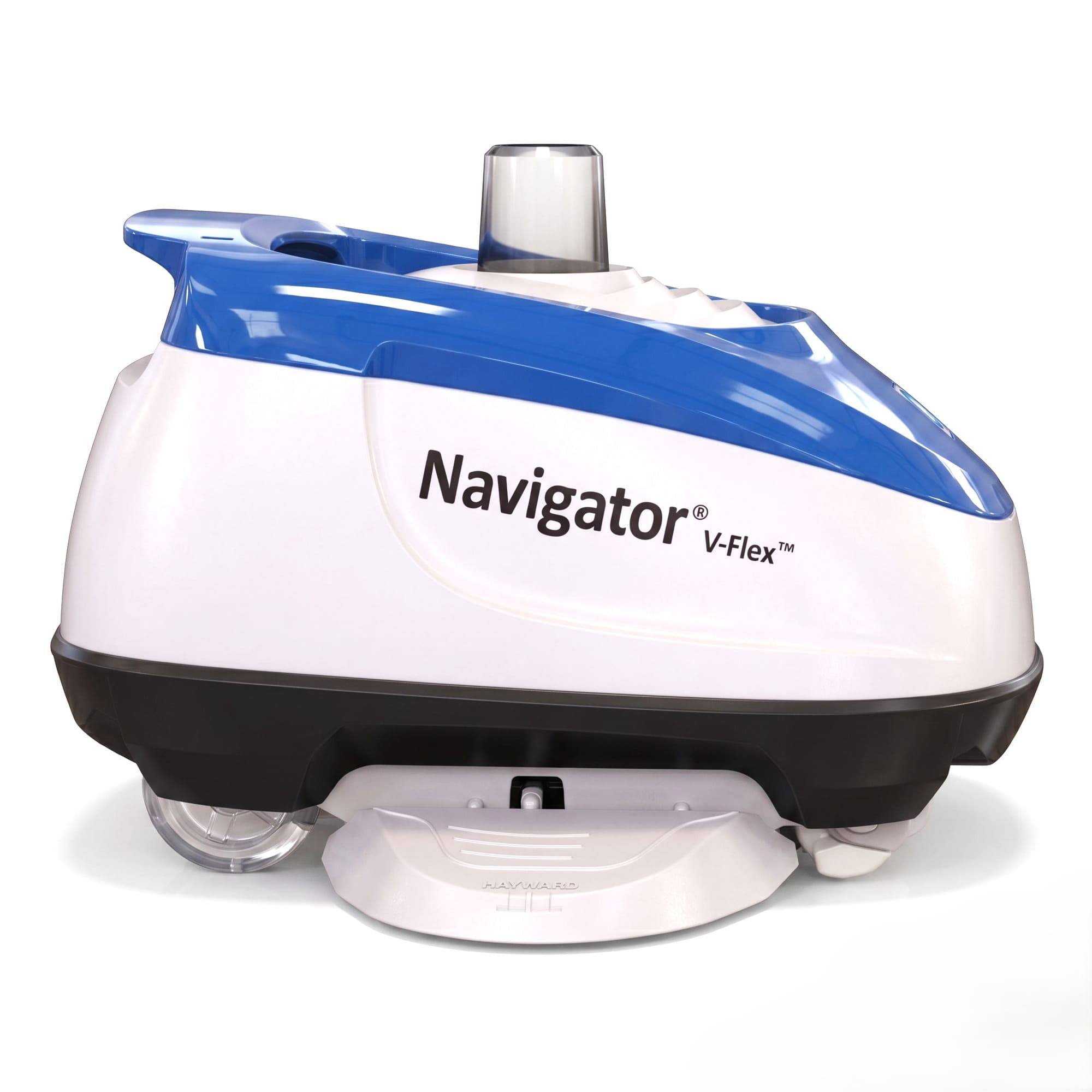Un pulitore per piscina Hayward Navigator V-Flex bianco e blu su sfondo bianco.