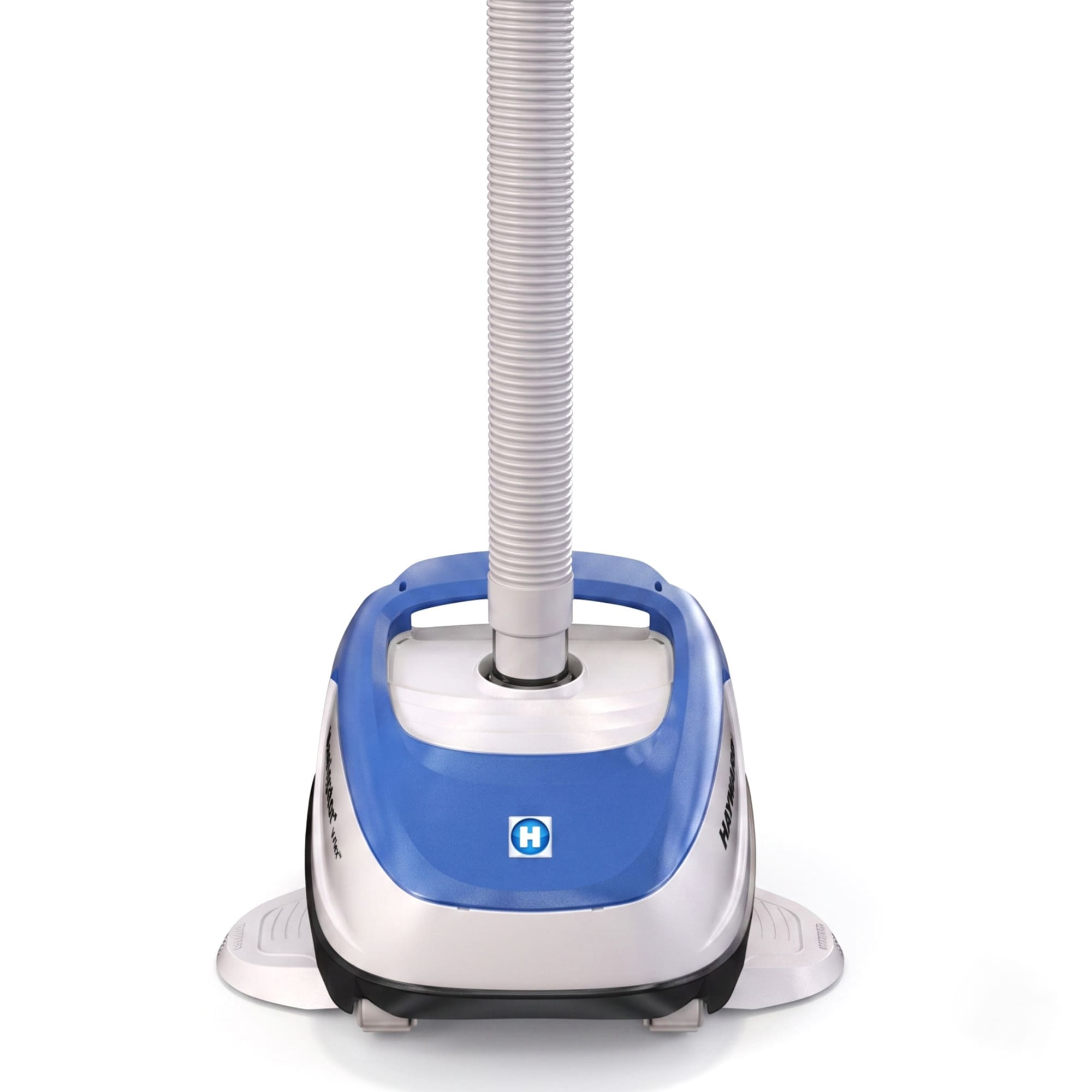 Un pulitore automatico per piscina blu e bianco con un lungo tubo grigio scanalato su sfondo bianco.