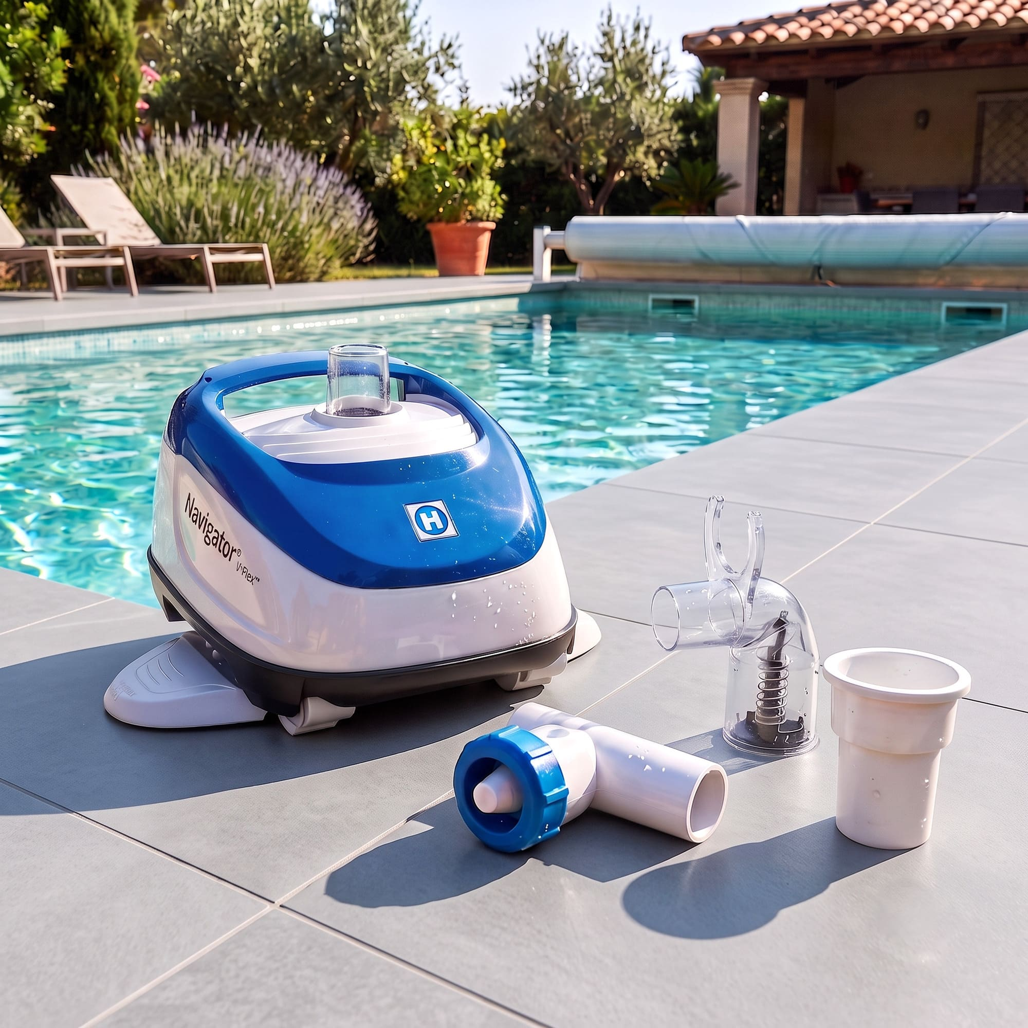 Un pulitore per piscina blu e bianco vicino a una piscina con accessori sul patio.