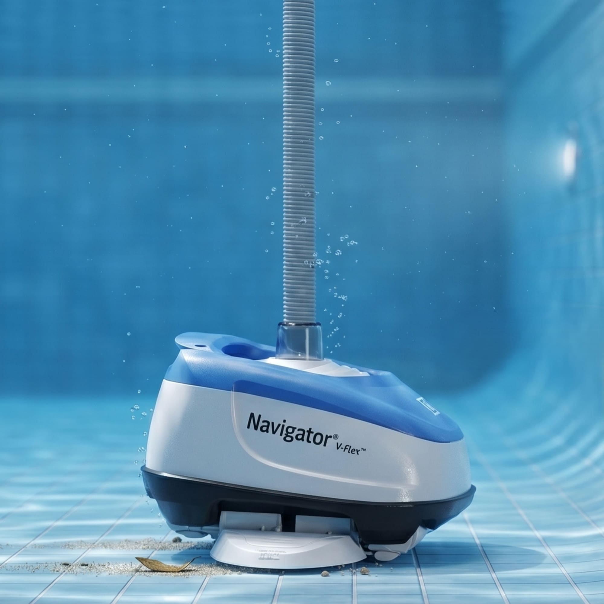 Un pulitore per piscina blu e bianco Navigator V-Flex aspira detriti sul fondo piastrellato.