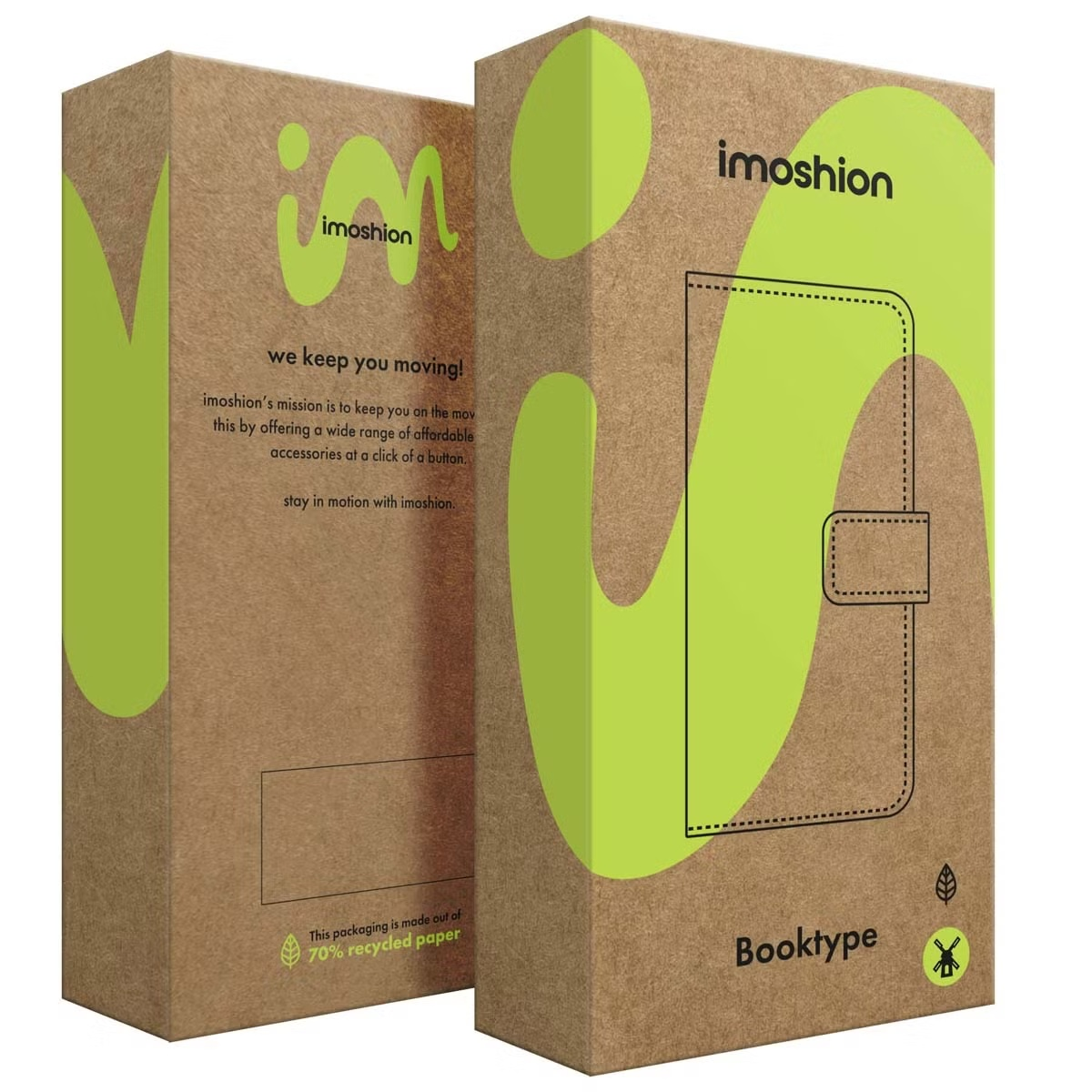 Twee bruine kartonnen dozen met Imoshion-logo, limegroene abstracte vormen en contouren van boekomslagen.