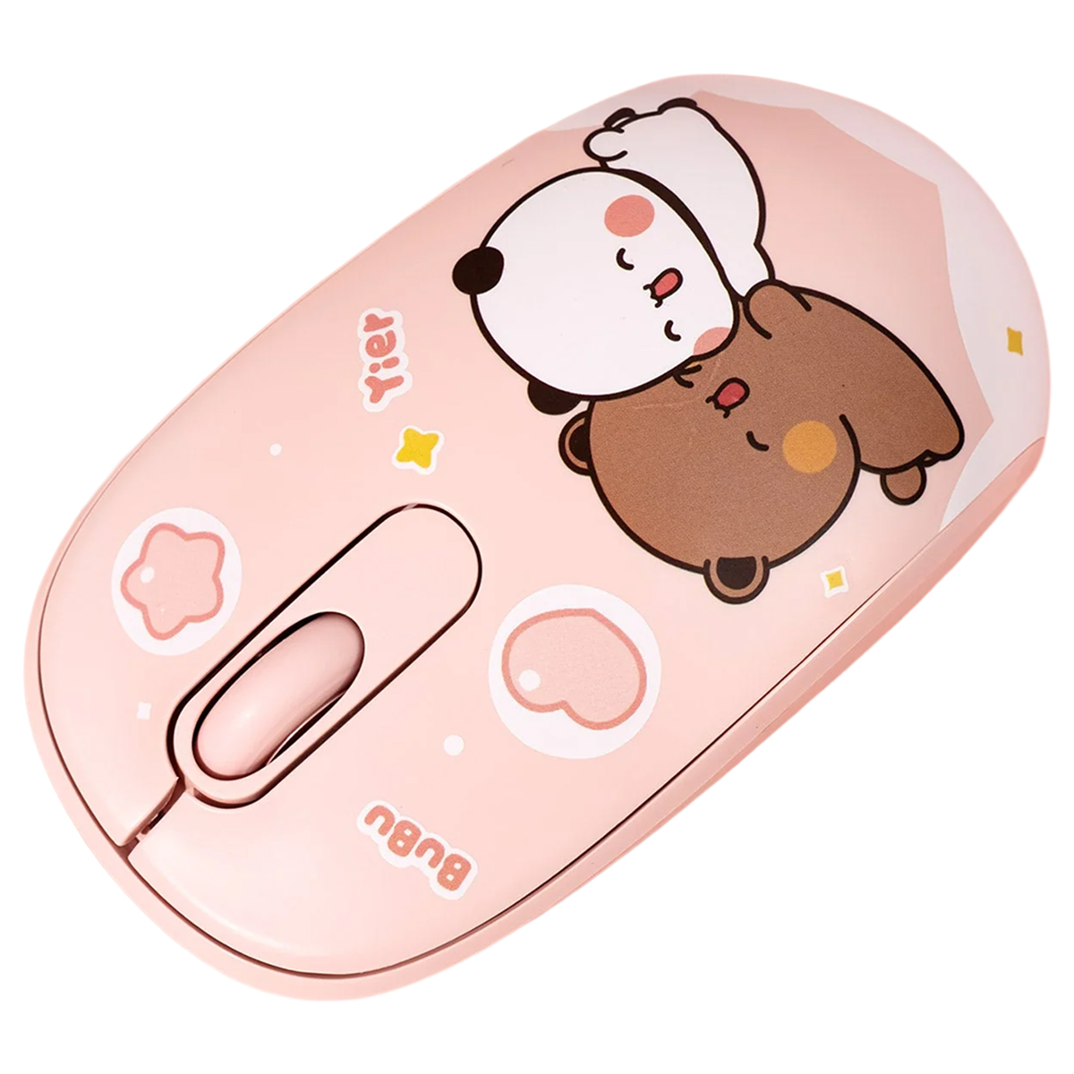 Sevimli panda, kalp ve yıldız desenleriyle süslenmiş pembe bir bilgisayar faresi.