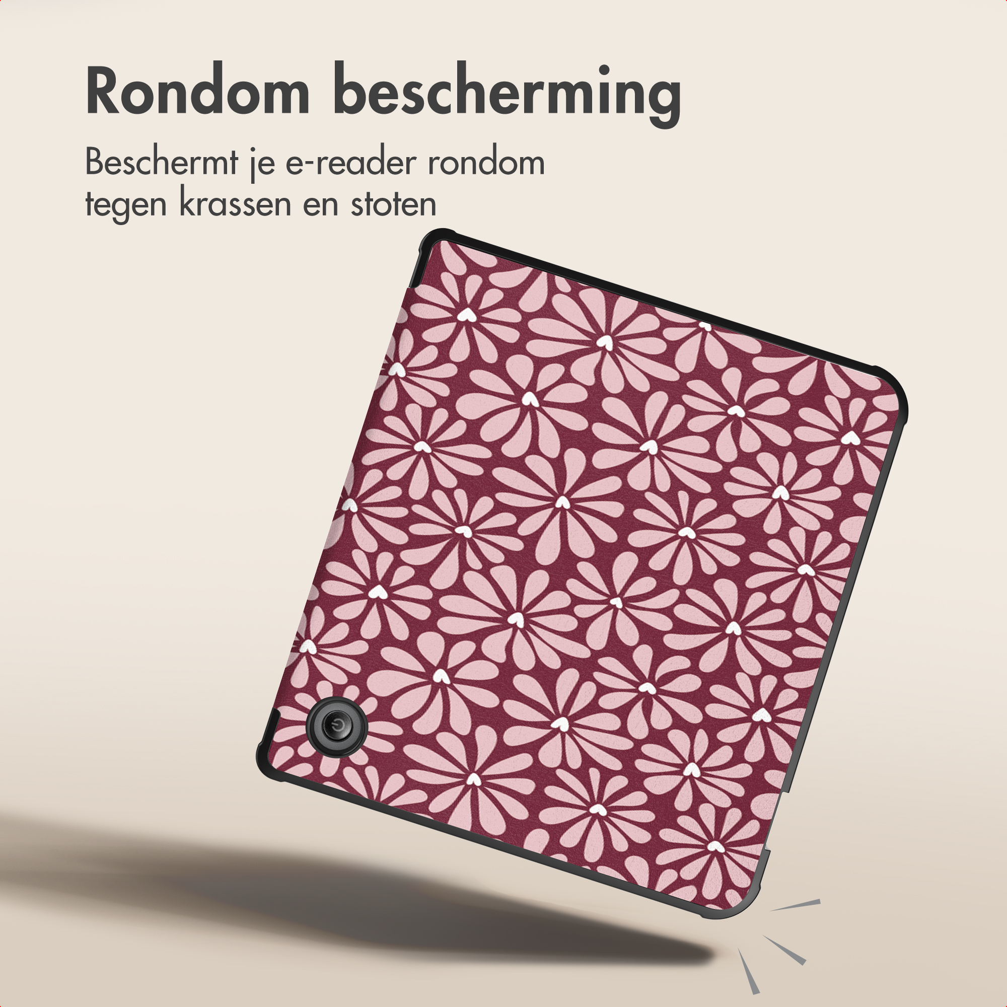 E-reader in een bordeauxrode beschermhoes met roze bloemenpatroon en Nederlandse tekst.