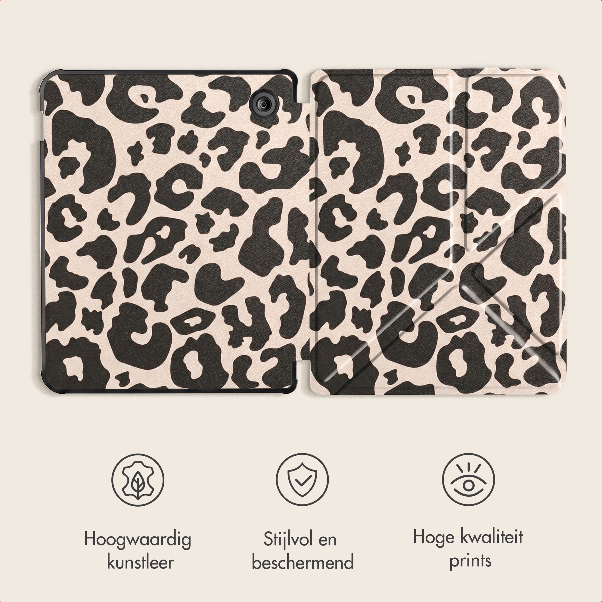 Een beige en zwarte panterprint tabletcover met daaronder drie producticonen.