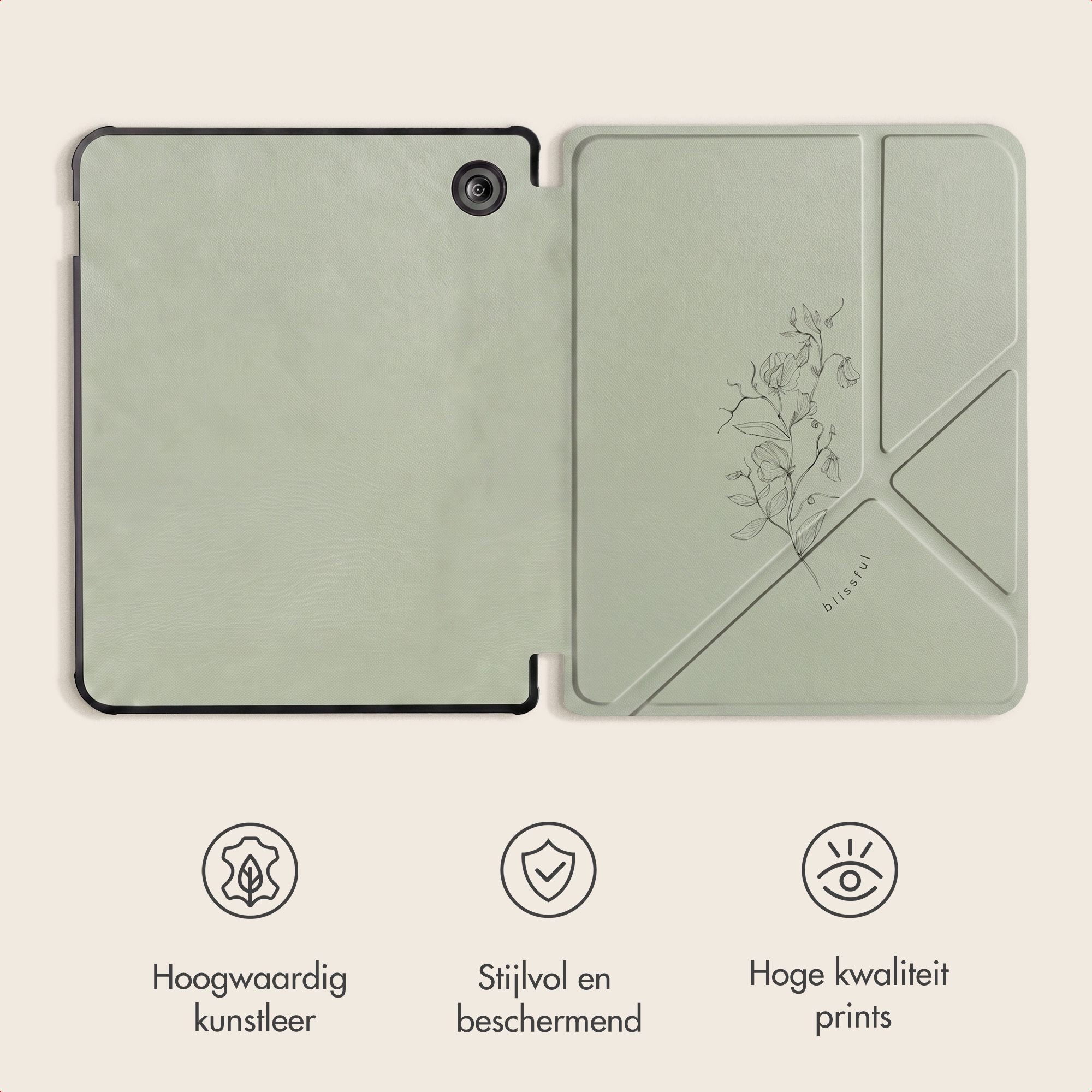 Groene tablethoes met bloemdesign en drie iconen voor materiaal, bescherming en printkwaliteit.