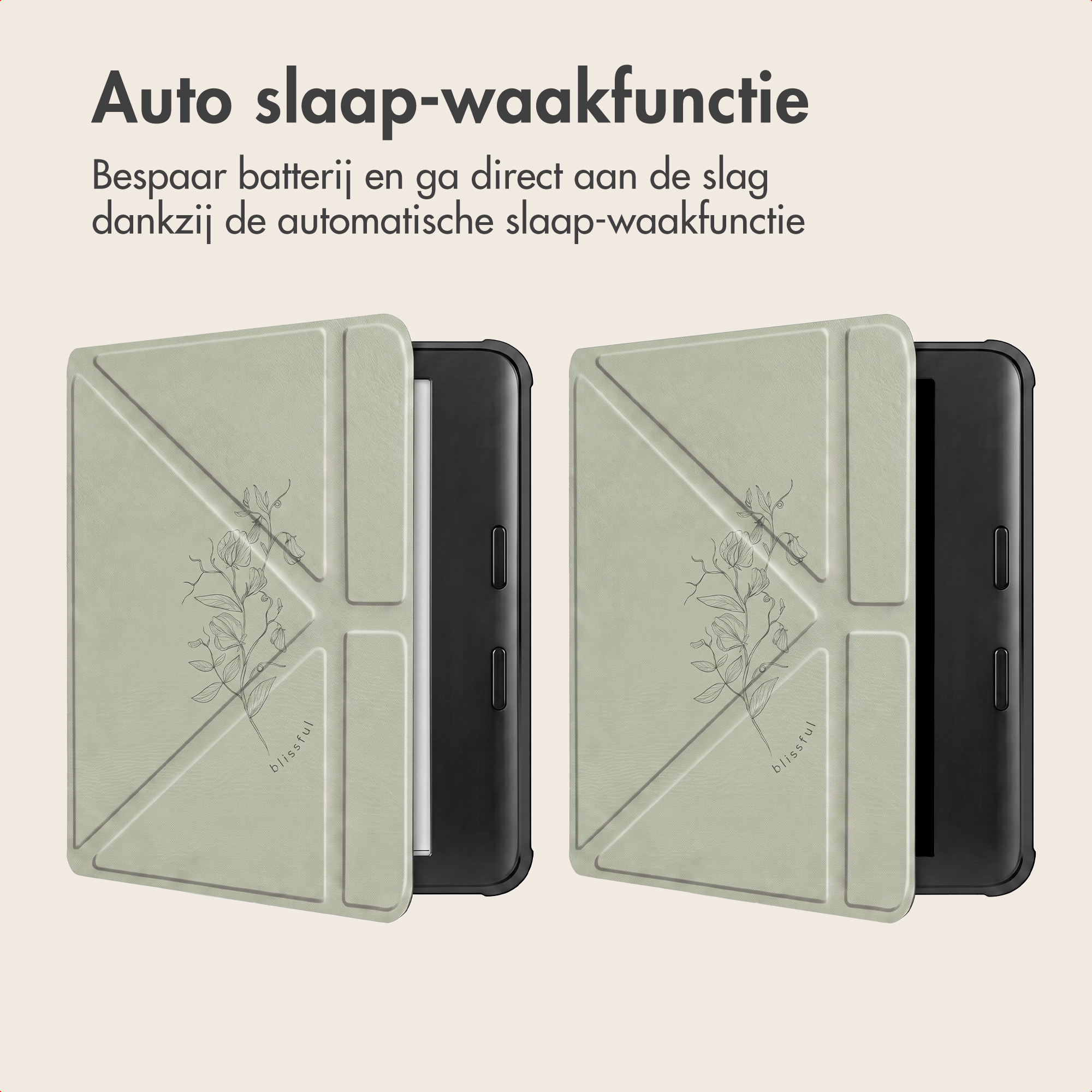 Twee e-readers met lichtgroene beschermhoesjes met bloemenmotief en auto slaap-waakfunctie.