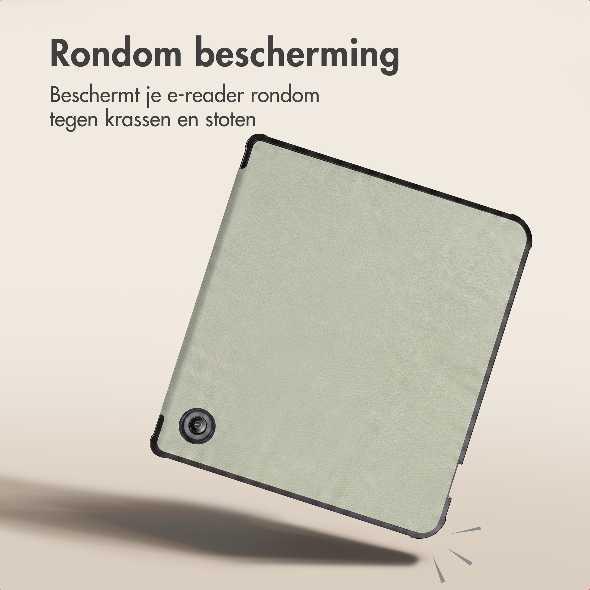 Een lichtgroene e-readerhoes zweeft tegen een lichte achtergrond met Nederlandse tekst.