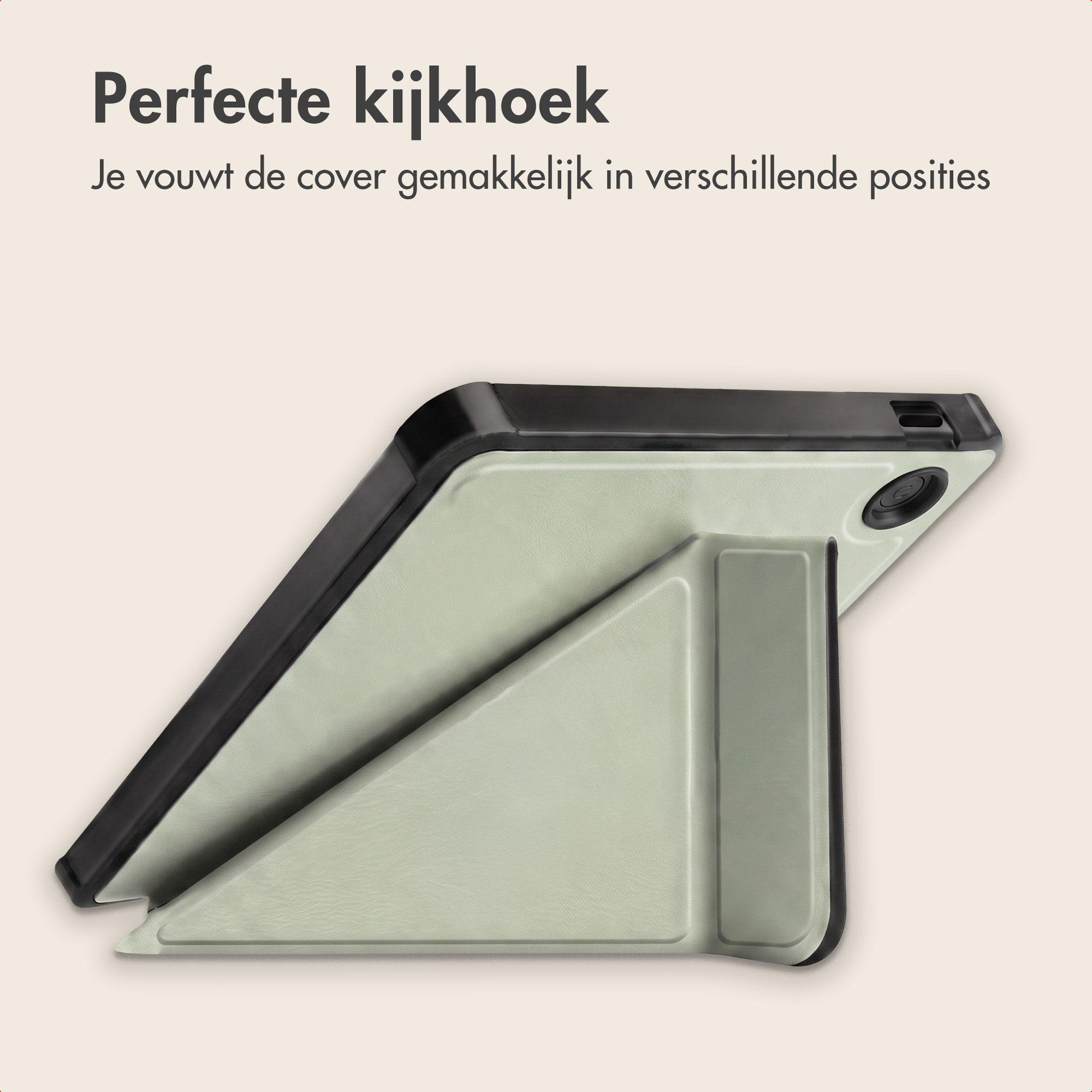 Een tablet in een lichte beschermhoes staat op een beige ondergrond met tekst.