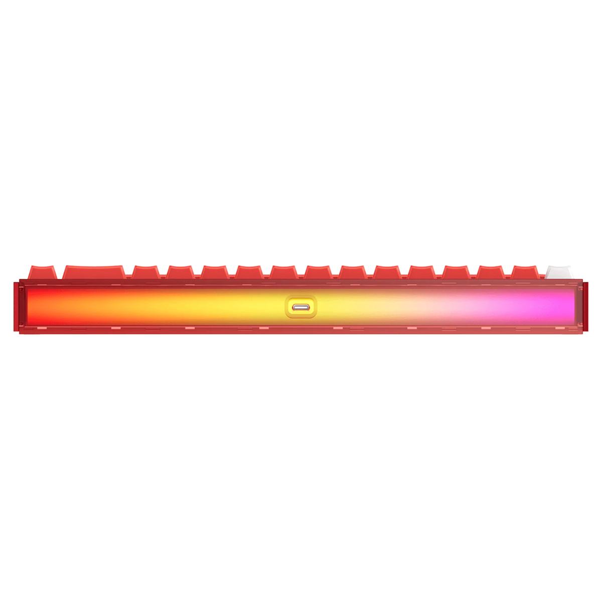 Ön panelinde USB-C bağlantı noktası ve çok renkli RGB aydınlatma bulunan kırmızı klavye.