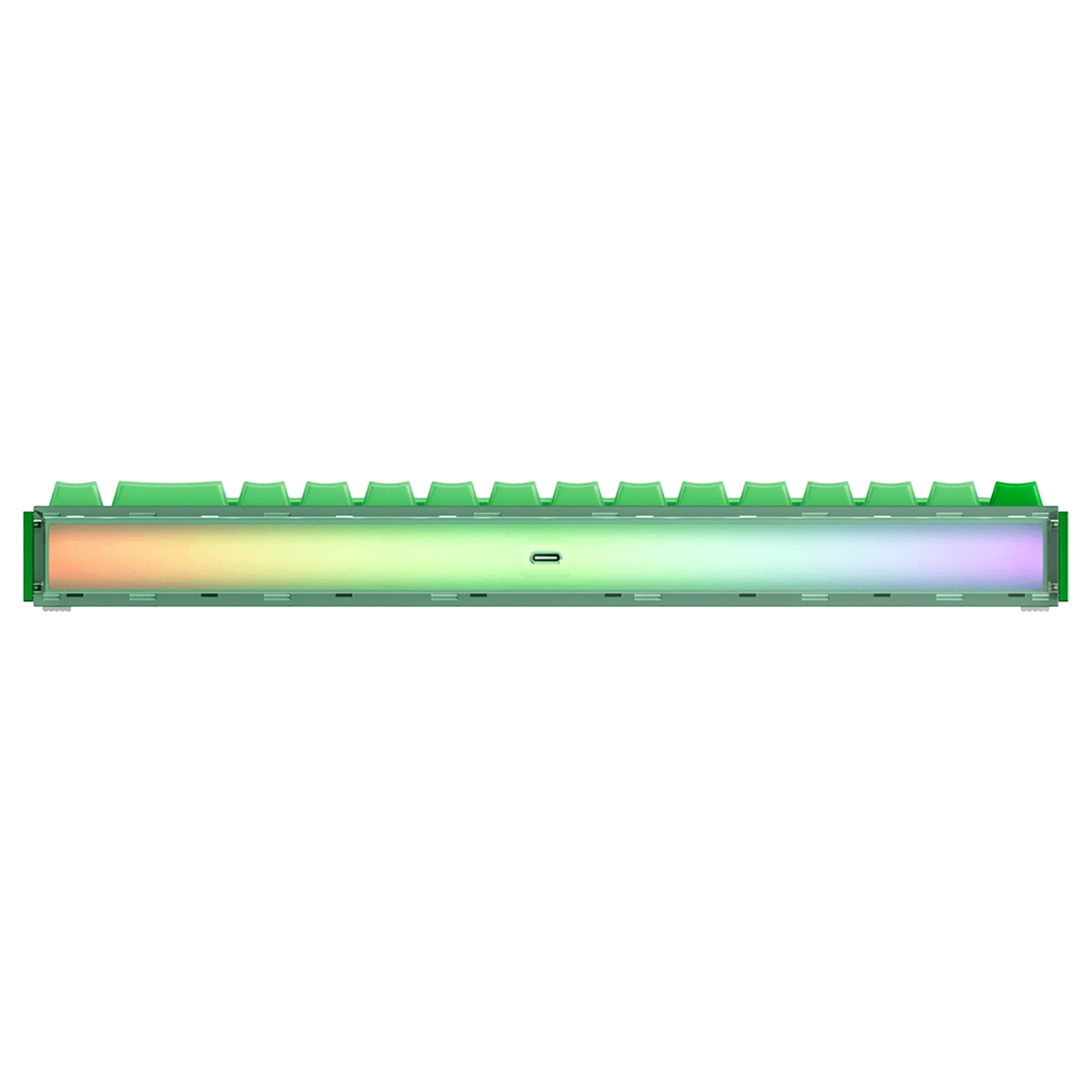 RGB aydınlatmalı ve USB-C bağlantı noktalı yeşil klavyenin alt görünümü.