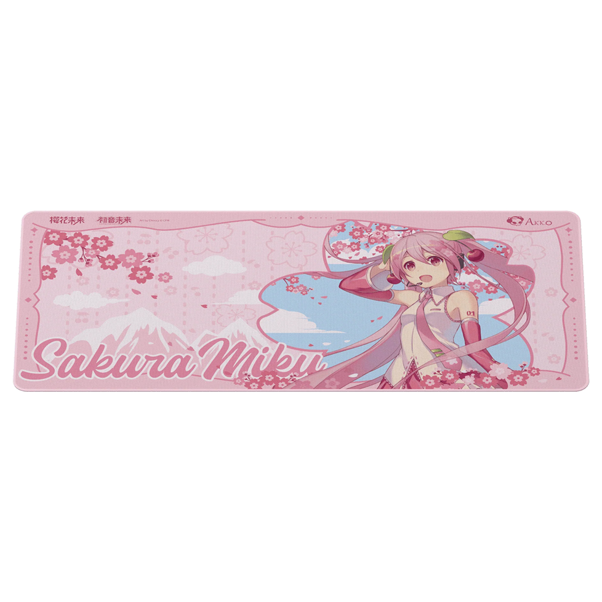 Sakura Miku, kiraz çiçekleri, dağlar ve Sakura Miku yazısı içeren pembe oyuncu mouse pad.