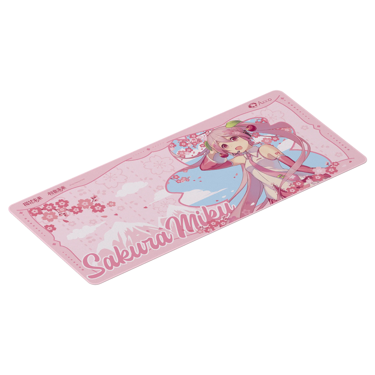 Kiraz çiçekleri ve Fuji Dağı olan pembe Sakura Miku oyuncu mouse pad'i.