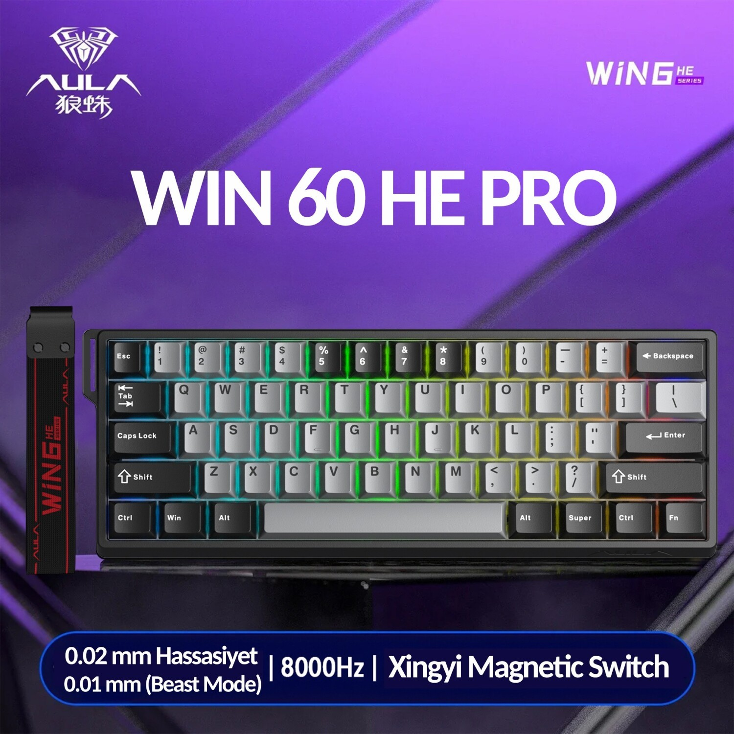 Mor arka plan üzerinde RGB aydınlatmalı, gümüş tuş kapaklı ve siyah çerçeveli AULA WIN 60 HE PRO mekanik klavye.
