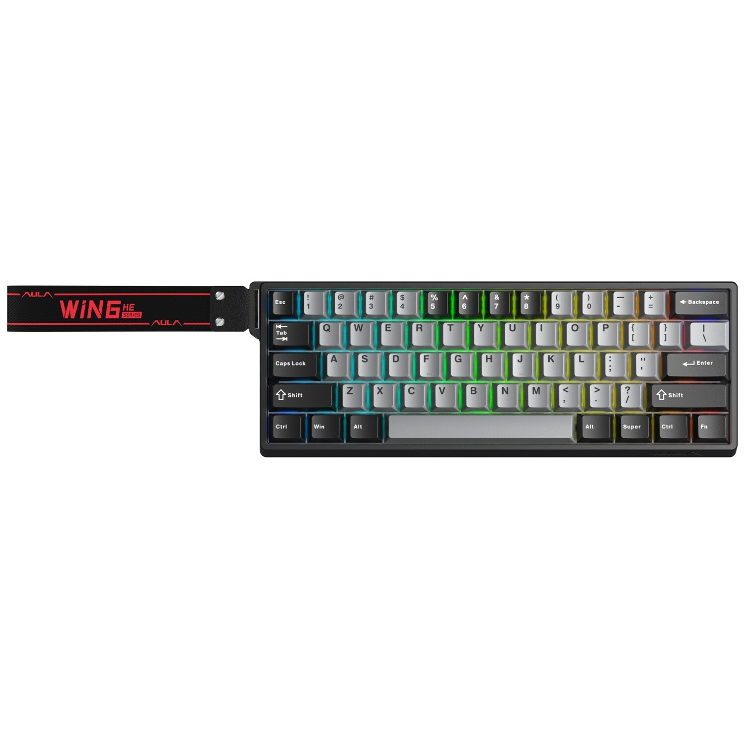 RGB arka aydınlatmalı ve yanında kırmızı deri kayışlı kompakt siyah ve gri mekanik klavye.