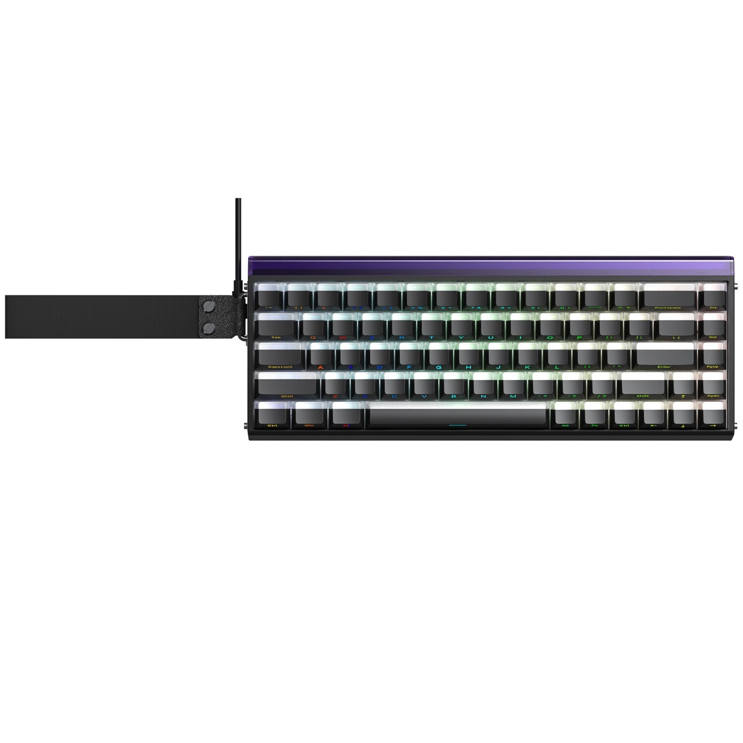 RGB aydınlatmalı, mor detaylı ve siyah askılı kompakt mekanik klavyenin üstten görünümü.